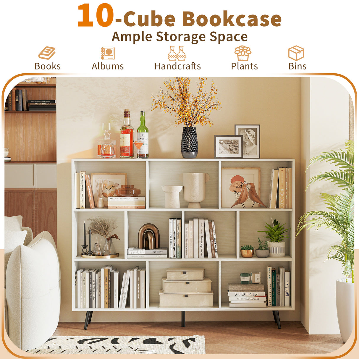 8-Cube Bookcase with 5 Tapered Metal Legs