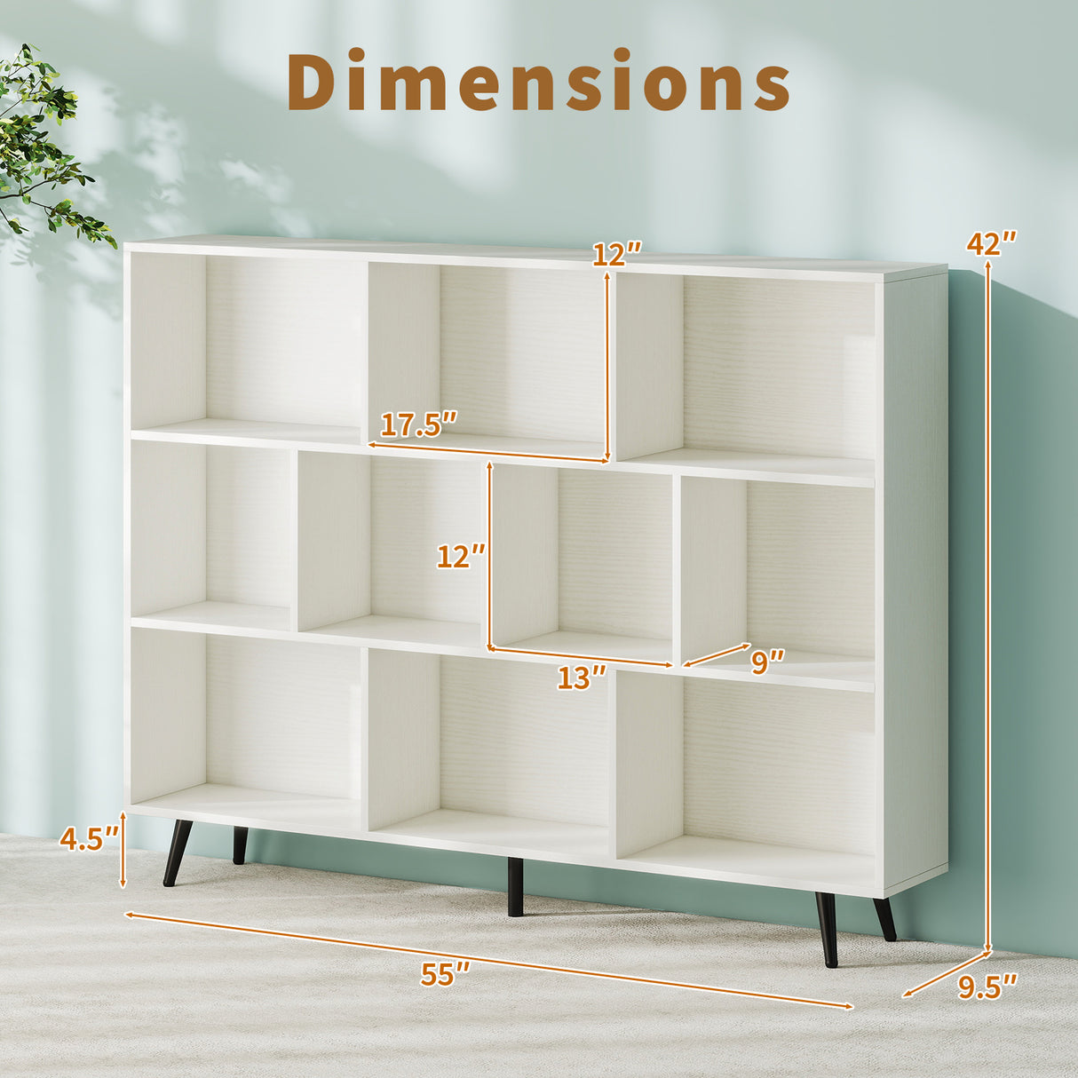 8-Cube Bookcase with 5 Tapered Metal Legs
