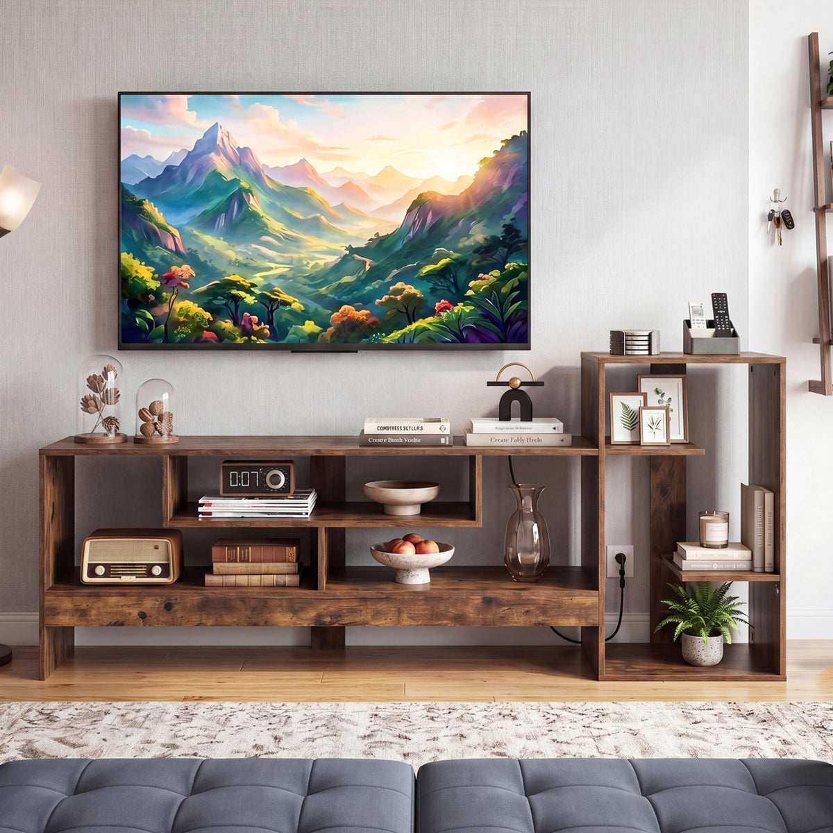 Cube TV Stand for 55 Inch TV with Power Outlets and Open Storage Shelves