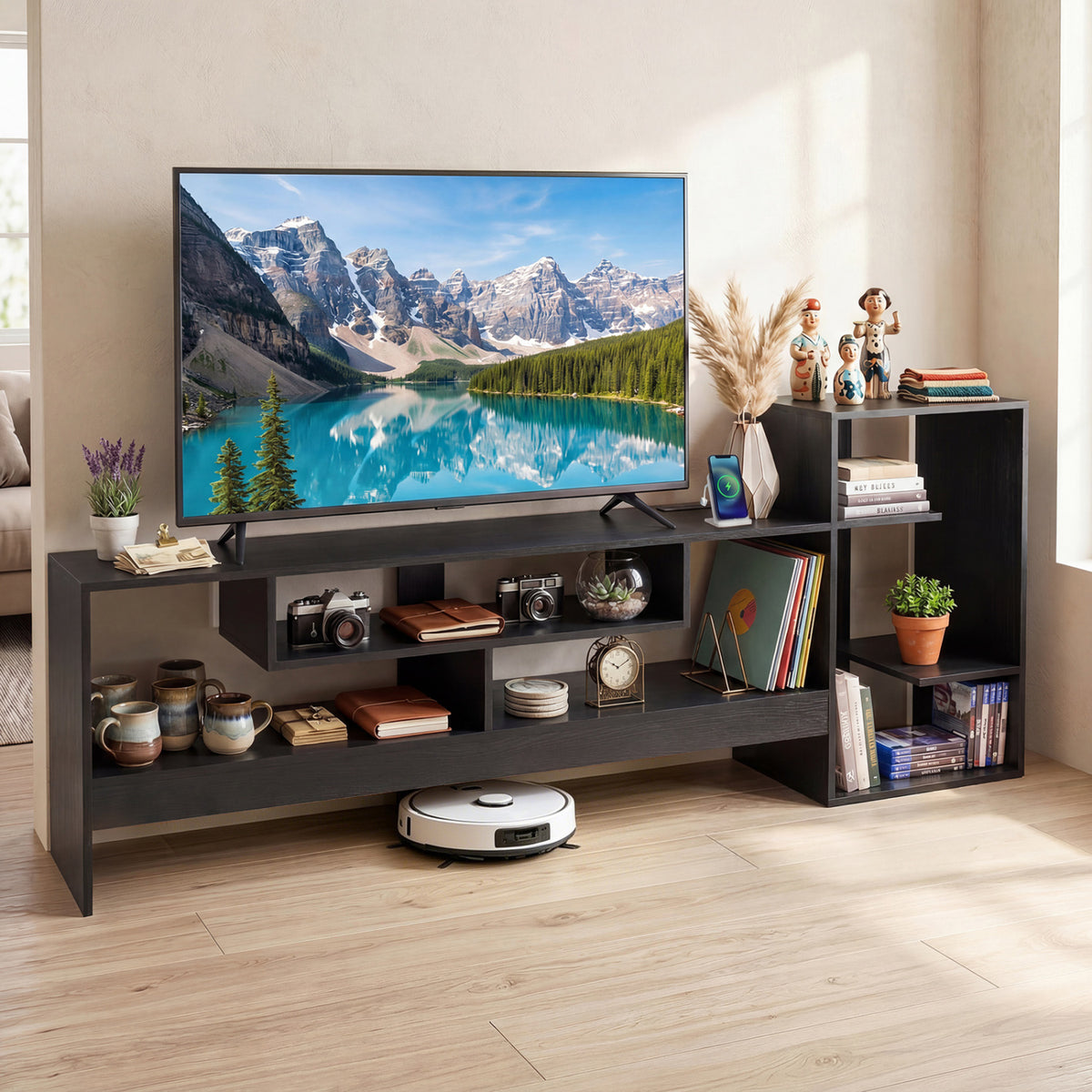 Cube TV Stand for 55 Inch TV with Power Outlets and Open Storage Shelves