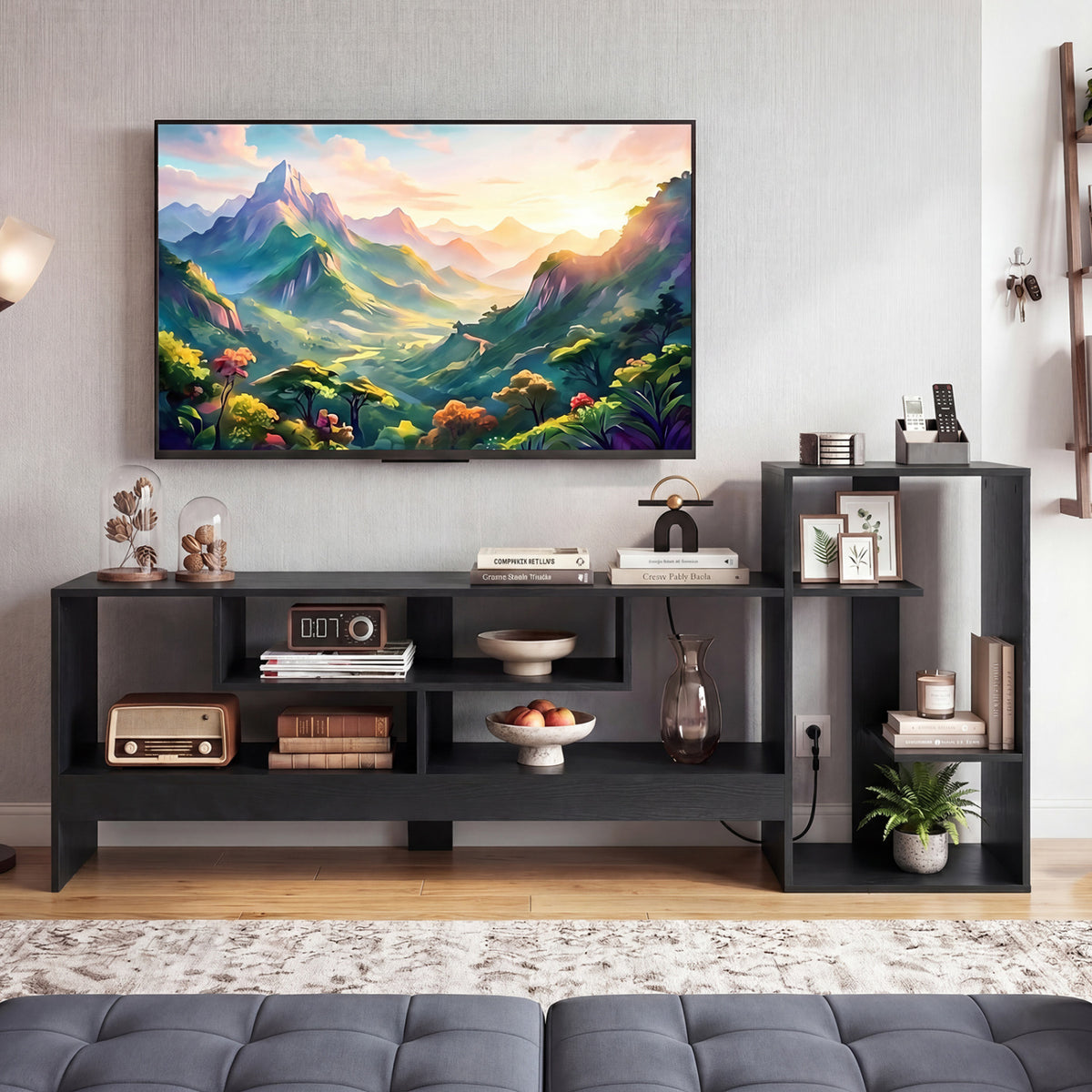 Cube TV Stand for 55 Inch TV with Power Outlets and Open Storage Shelves