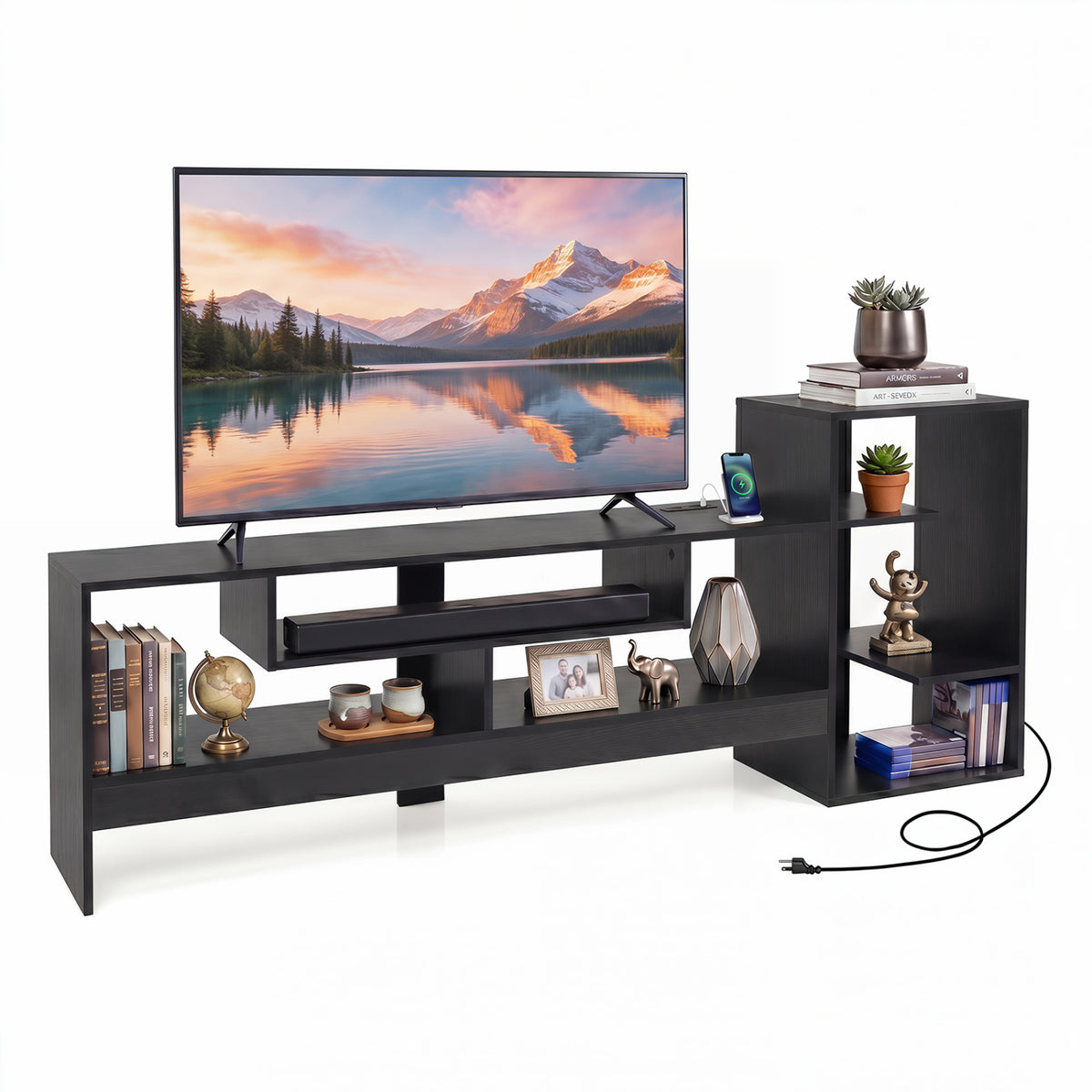 Cube TV Stand for 55 Inch TV with Power Outlets and Open Storage Shelves
