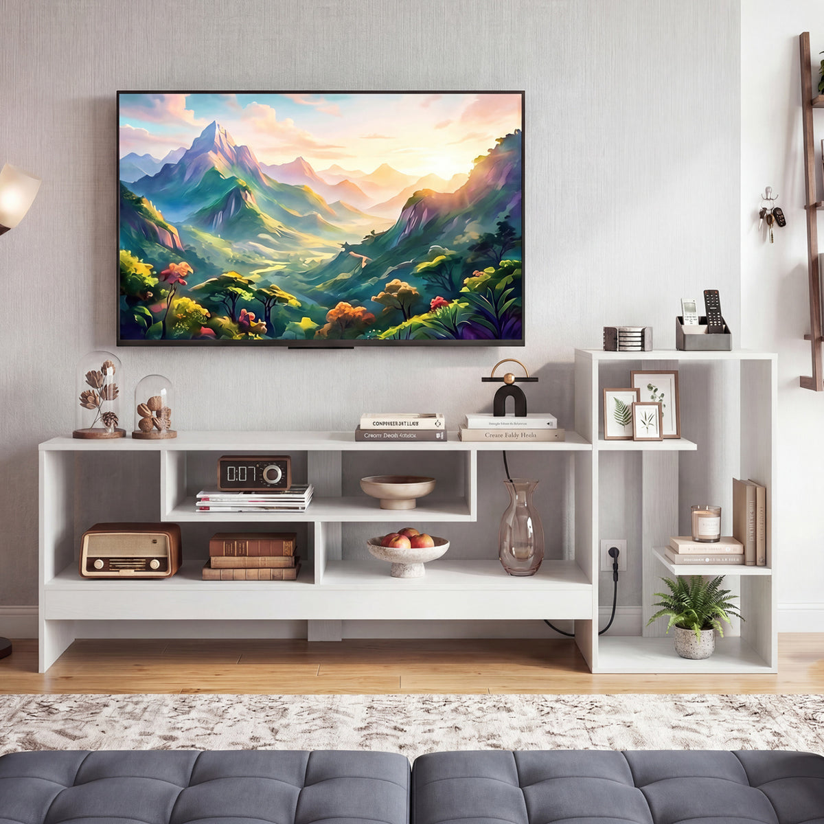 Cube TV Stand for 55 Inch TV with Power Outlets and Open Storage Shelves