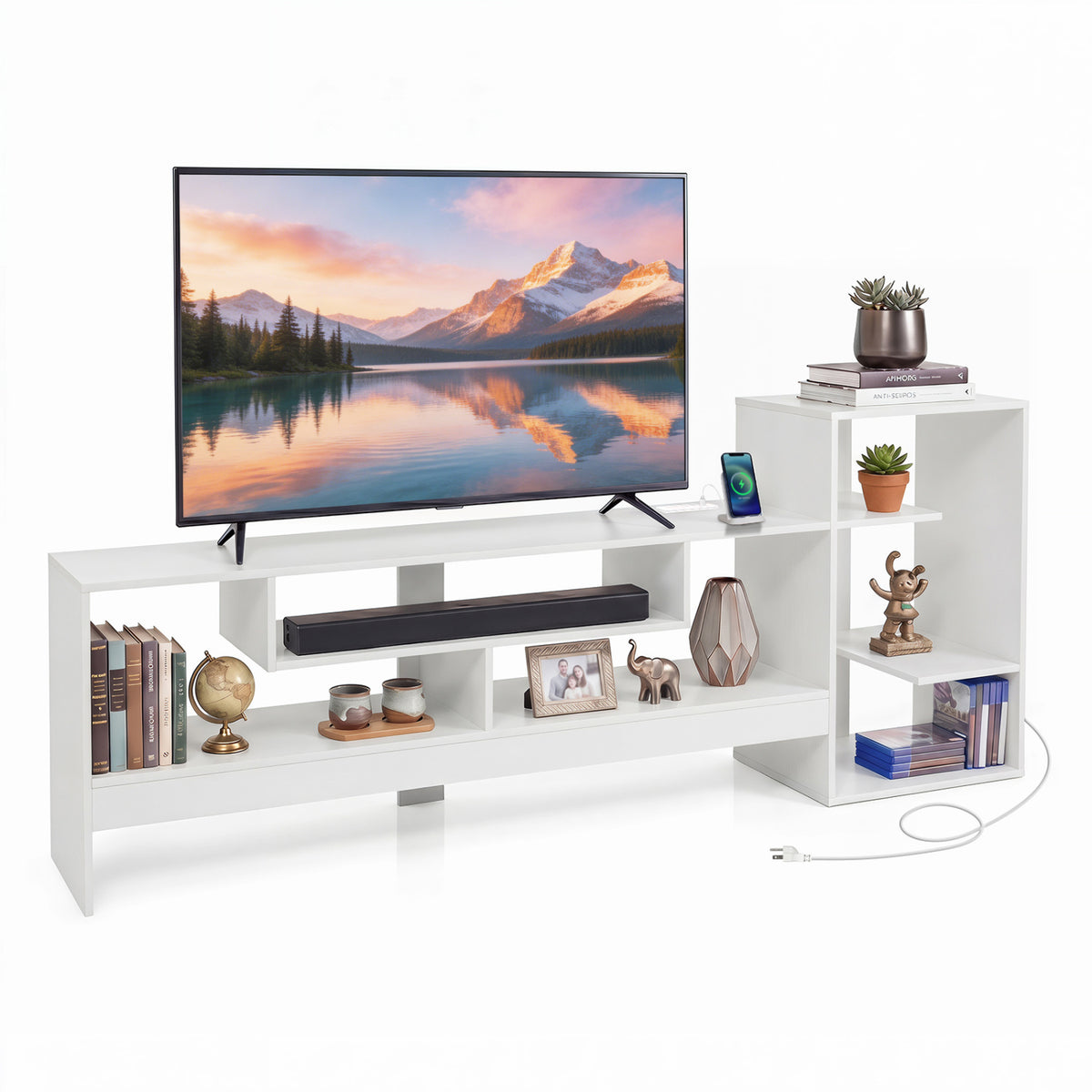 Cube TV Stand for 55 Inch TV with Power Outlets and Open Storage Shelves