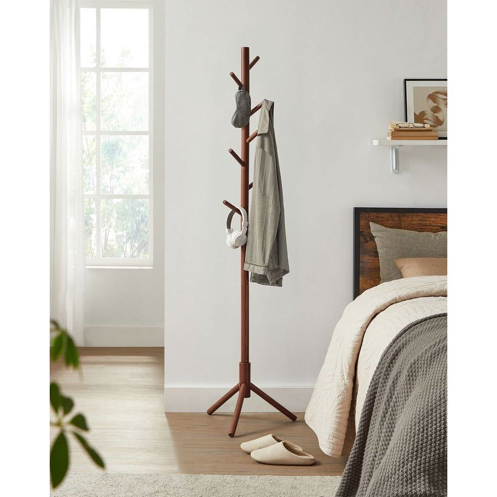 Sturdy Solid Wood Coat Rack in Dark Walnut Finish with 8 Hooks