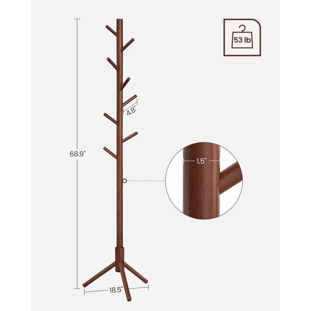 Sturdy Solid Wood Coat Rack in Dark Walnut Finish with 8 Hooks