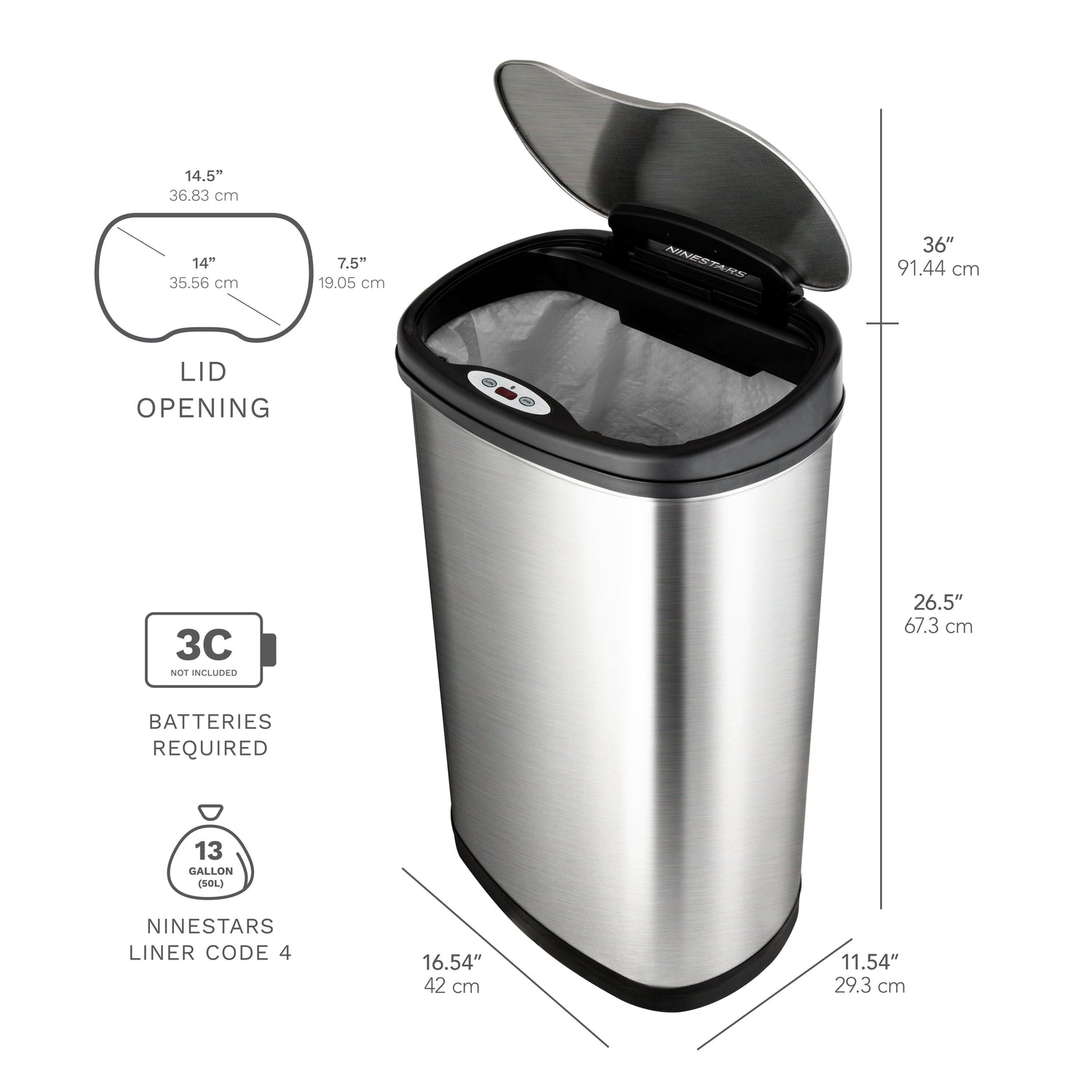 Rectangular Motion Sensor Trash Can 13.2 Gallon | DZT-50-13