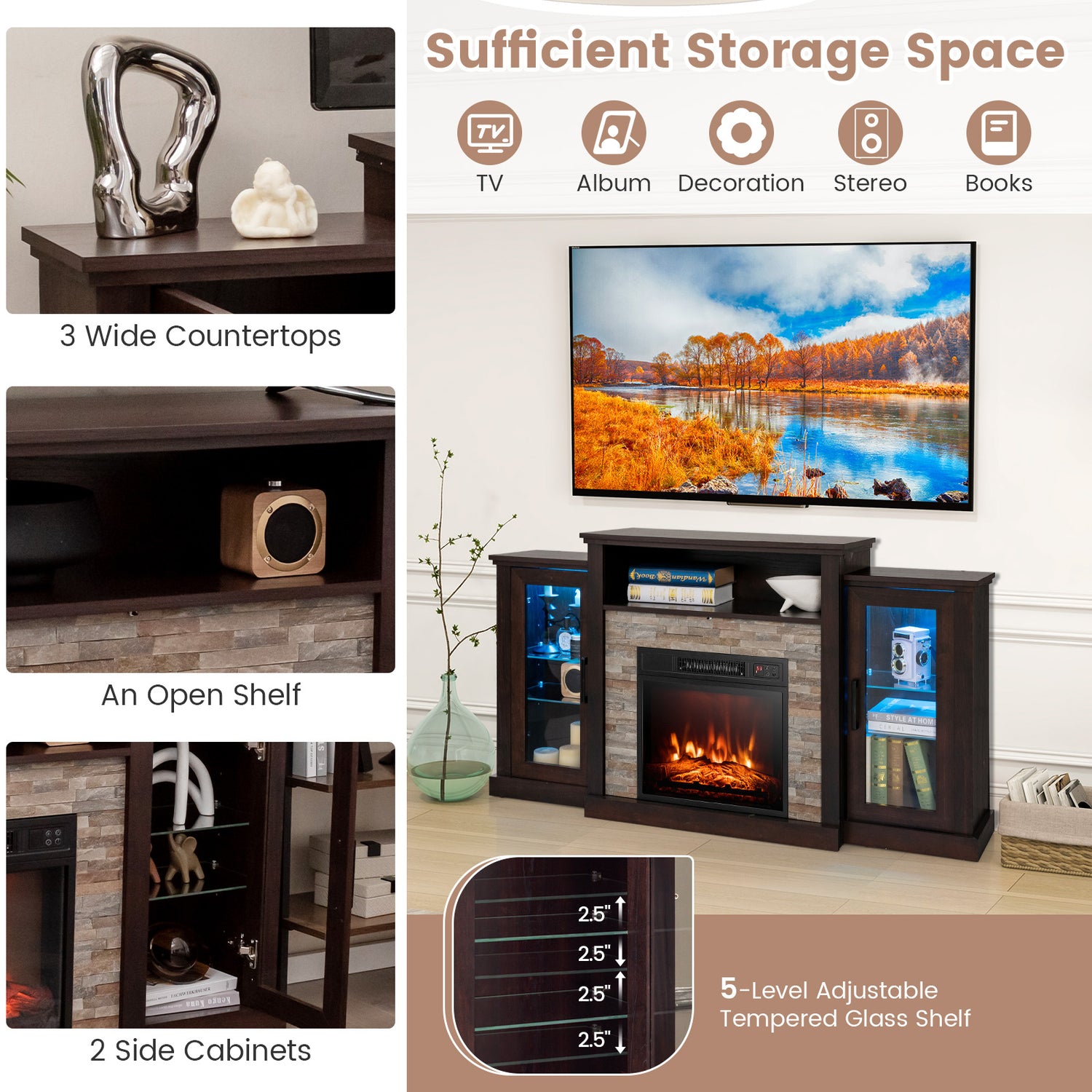 Fireplace TV Stand with 16-Color Led Lights for TVs up to 65 Inch
