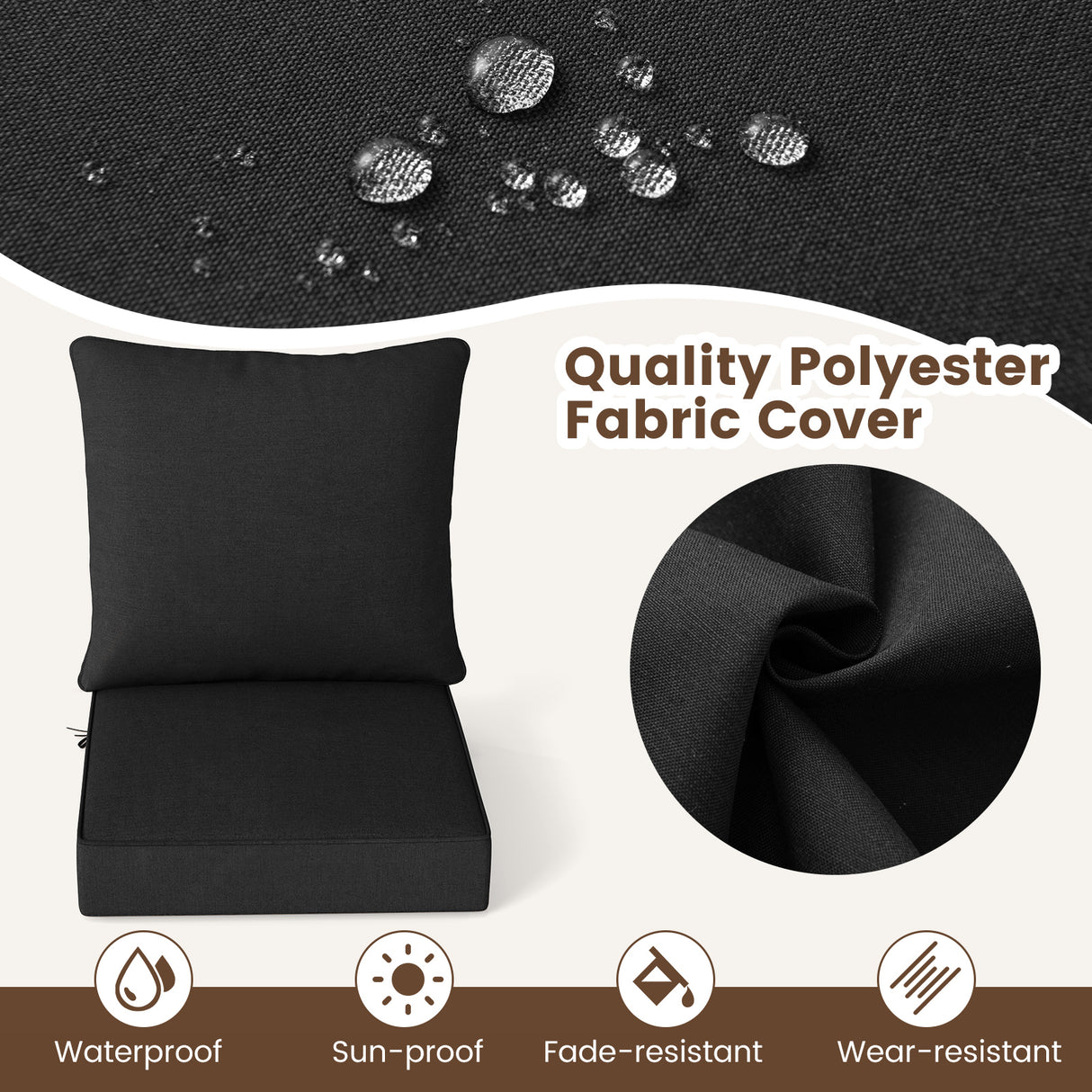 Deep Seat Chair Cushion Pads Set with Rope Belts for Indoor and Outdoor