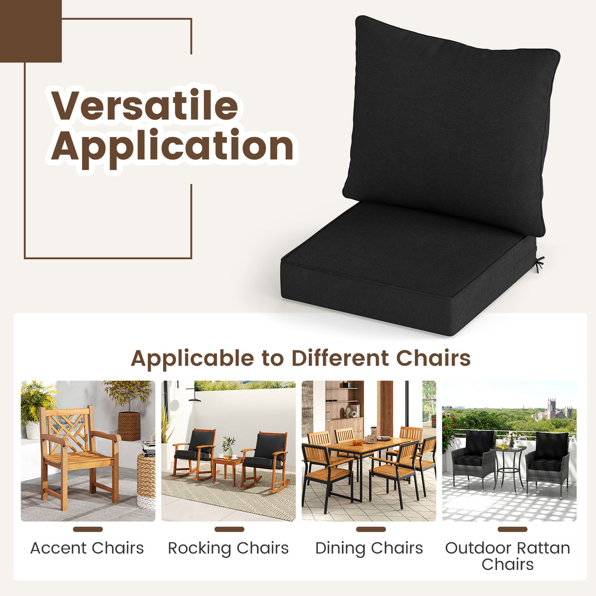 Deep Seat Chair Cushion Pads Set with Rope Belts for Indoor and Outdoor