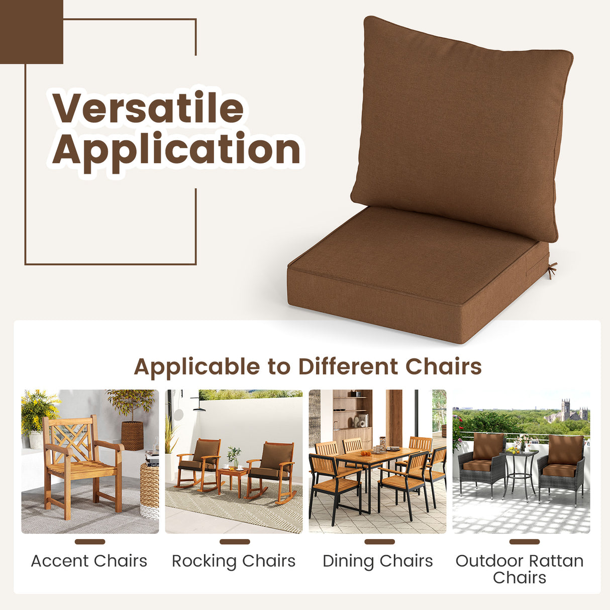 Deep Seat Chair Cushion Pads Set with Rope Belts for Indoor and Outdoor