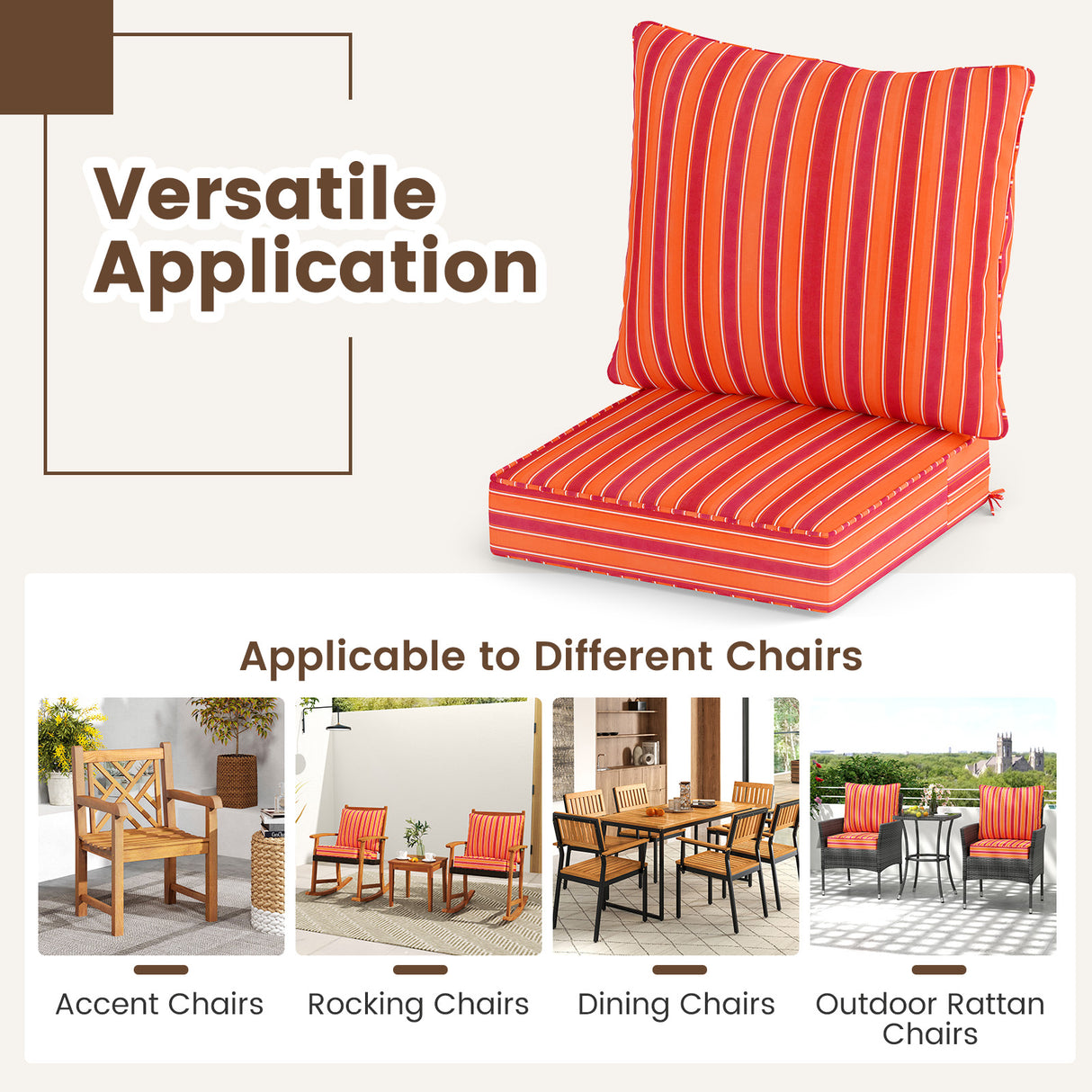 Deep Seat Chair Cushion Pads Set with Rope Belts for Indoor and Outdoor