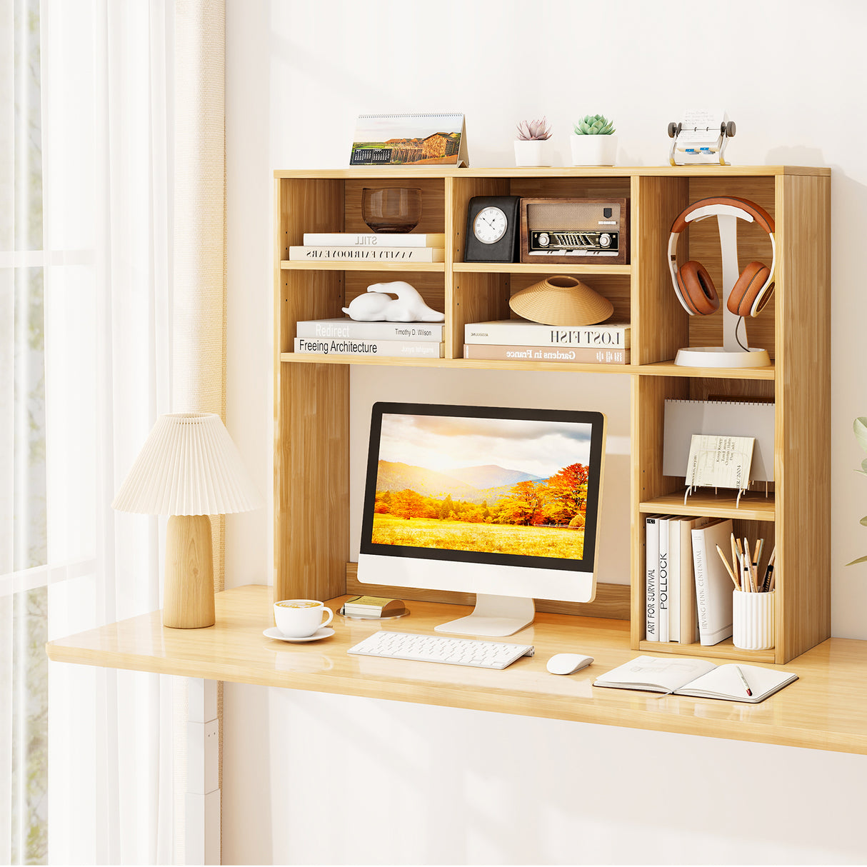 Desktop Bookshelf with 7 Open Cubbies and 3 Adjustable Shelves