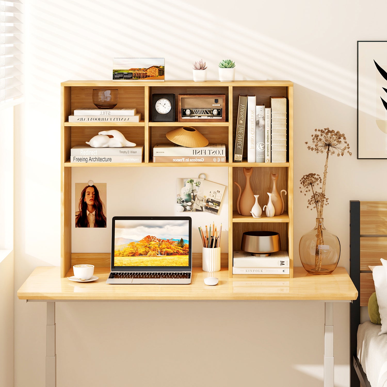 Desktop Bookshelf with 7 Open Cubbies and 3 Adjustable Shelves