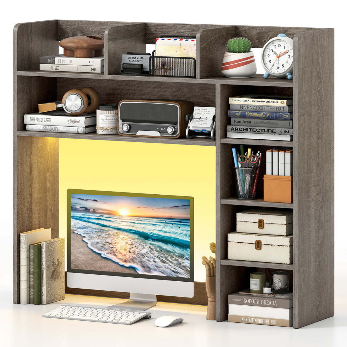 Desktop Bookshelf with LED Lights 35.5 inch Desk Hutch Storage Organizer