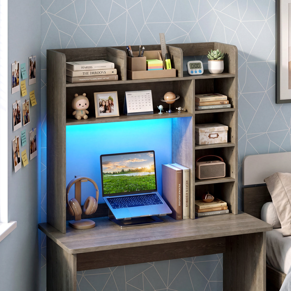 Desktop Bookshelf with LED Lights 35.5 inch Desk Hutch Storage Organizer