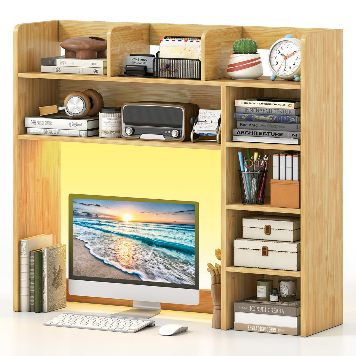 Desktop Bookshelf with LED Lights 35.5 inch Desk Hutch Storage Organizer
