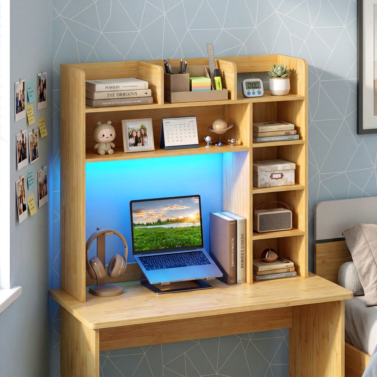 Desktop Bookshelf with LED Lights 35.5 inch Desk Hutch Storage Organizer