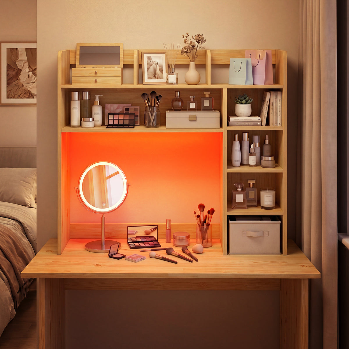 Desktop Bookshelf with LED Lights 35.5 inch Desk Hutch Storage Organizer