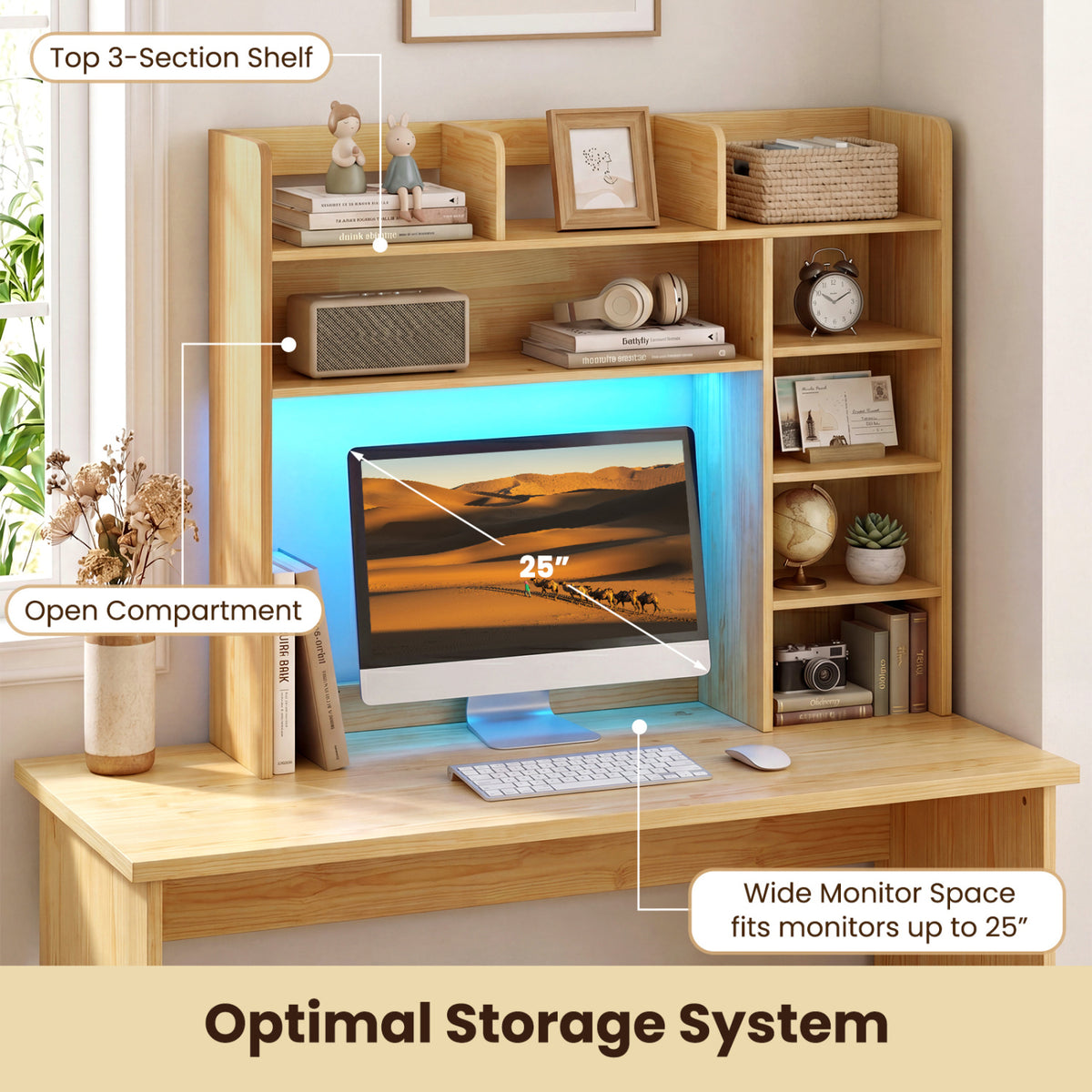 Desktop Bookshelf with LED Lights 35.5 inch Desk Hutch Storage Organizer