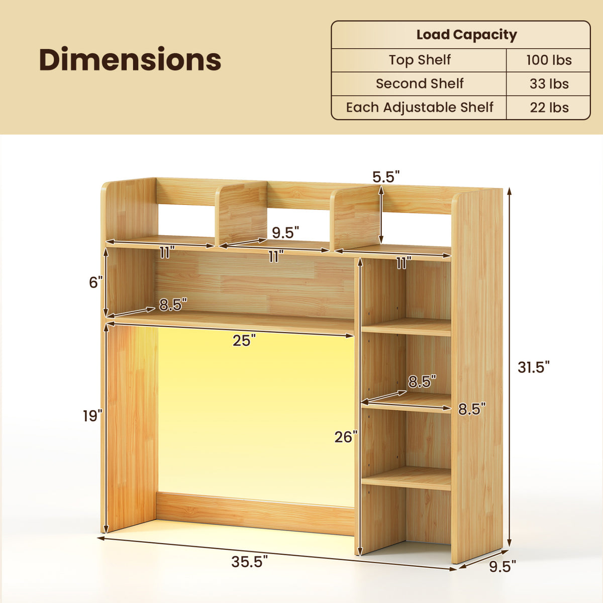 Desktop Bookshelf with LED Lights 35.5 inch Desk Hutch Storage Organizer