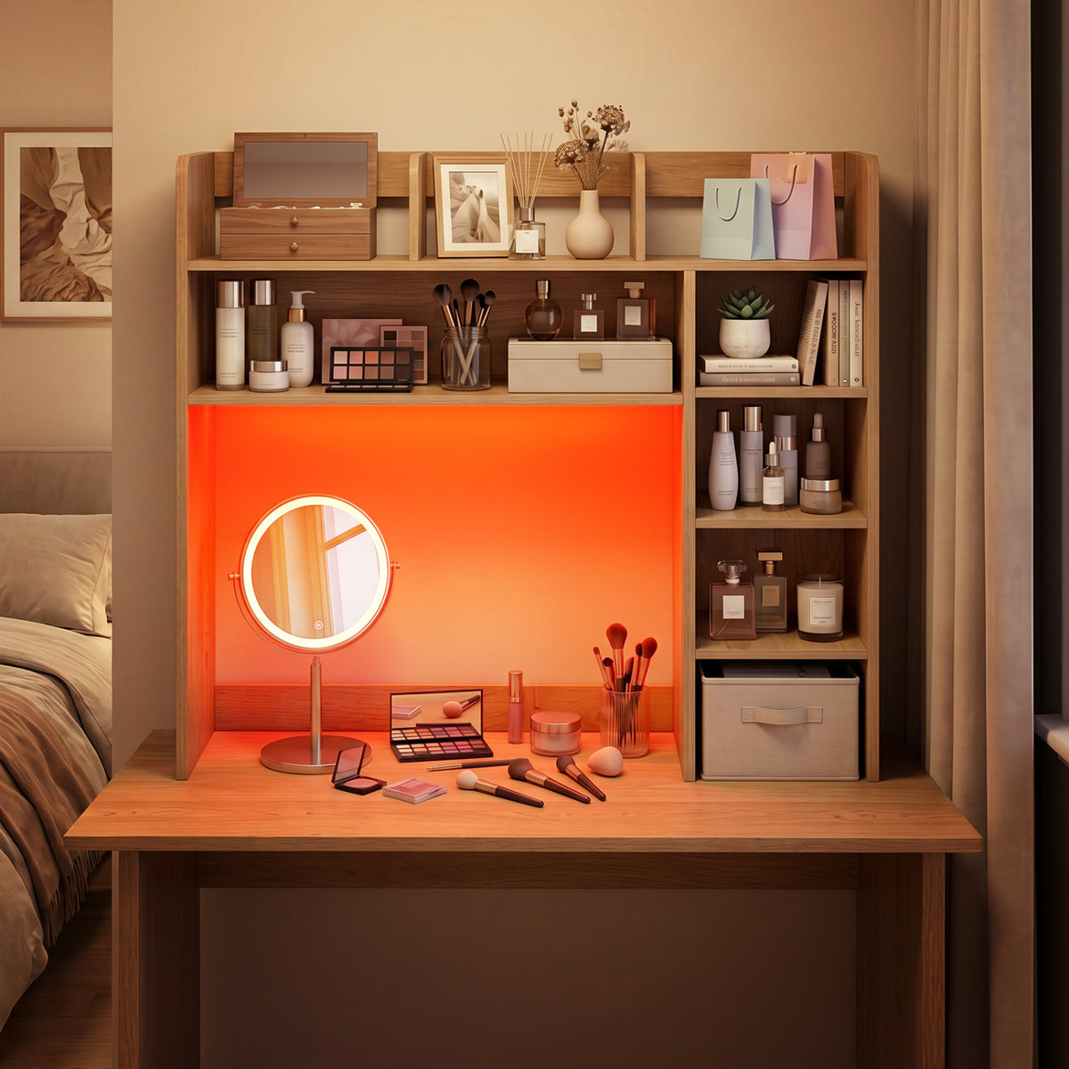 Desktop Bookshelf with LED Lights 35.5 inch Desk Hutch Storage Organizer
