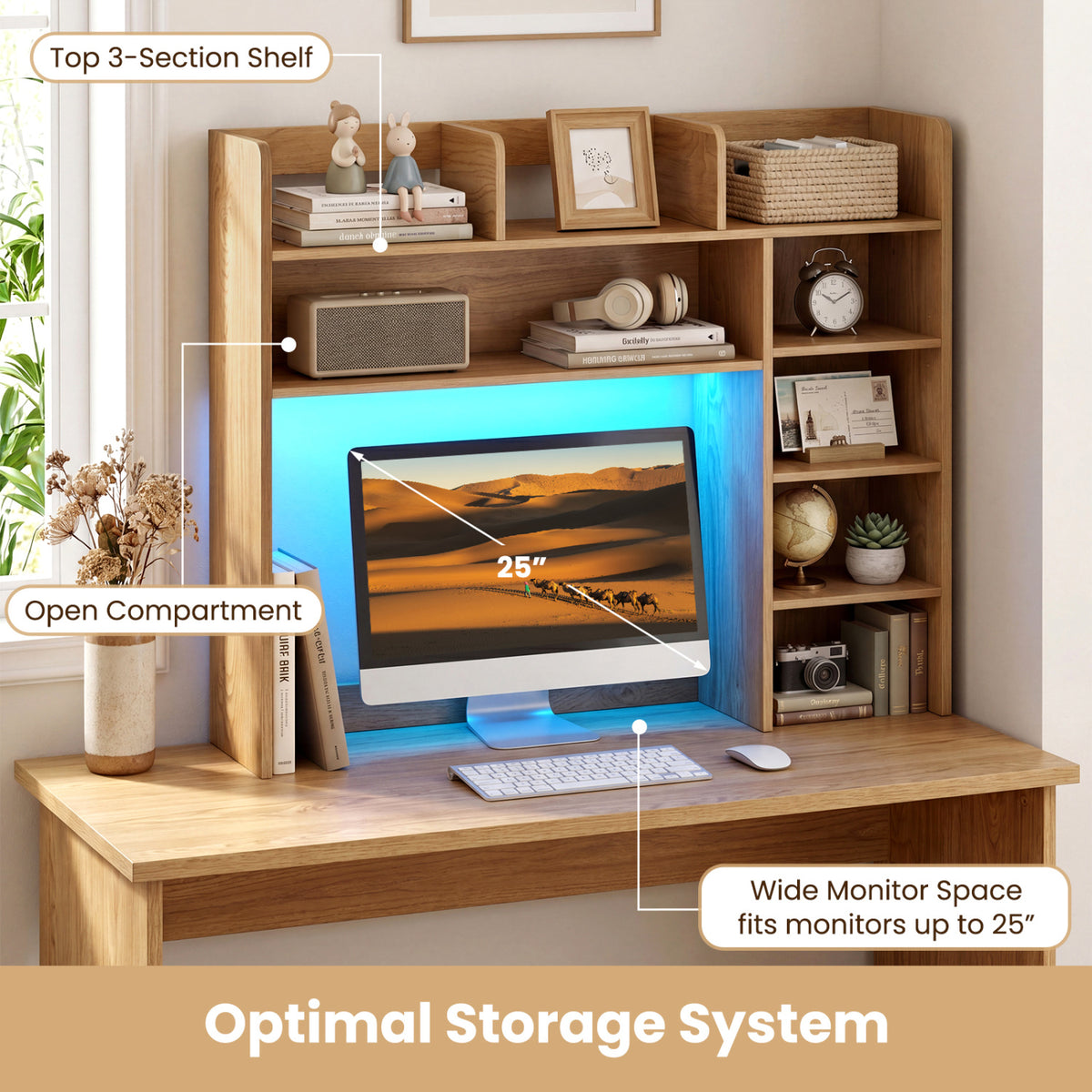 Desktop Bookshelf with LED Lights 35.5 inch Desk Hutch Storage Organizer