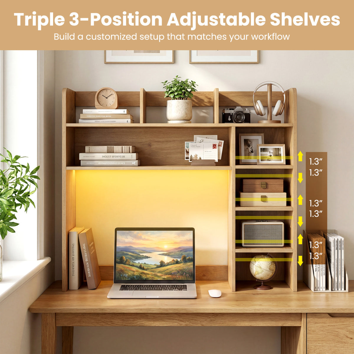 Desktop Bookshelf with LED Lights 35.5 inch Desk Hutch Storage Organizer