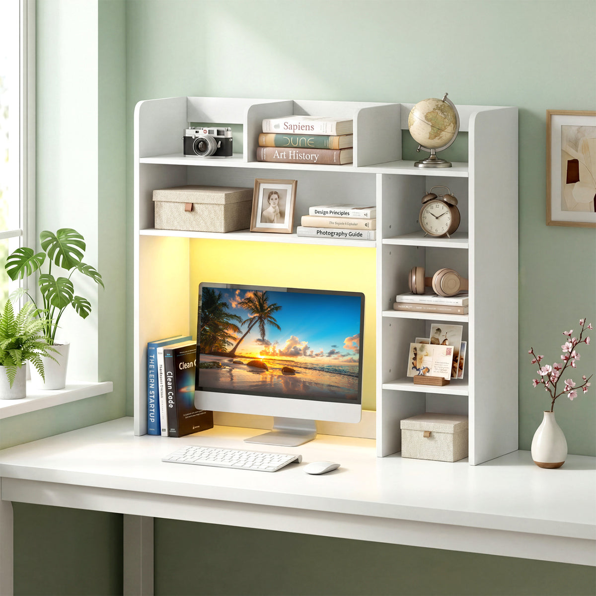 Desktop Bookshelf with LED Lights 35.5 inch Desk Hutch Storage Organizer