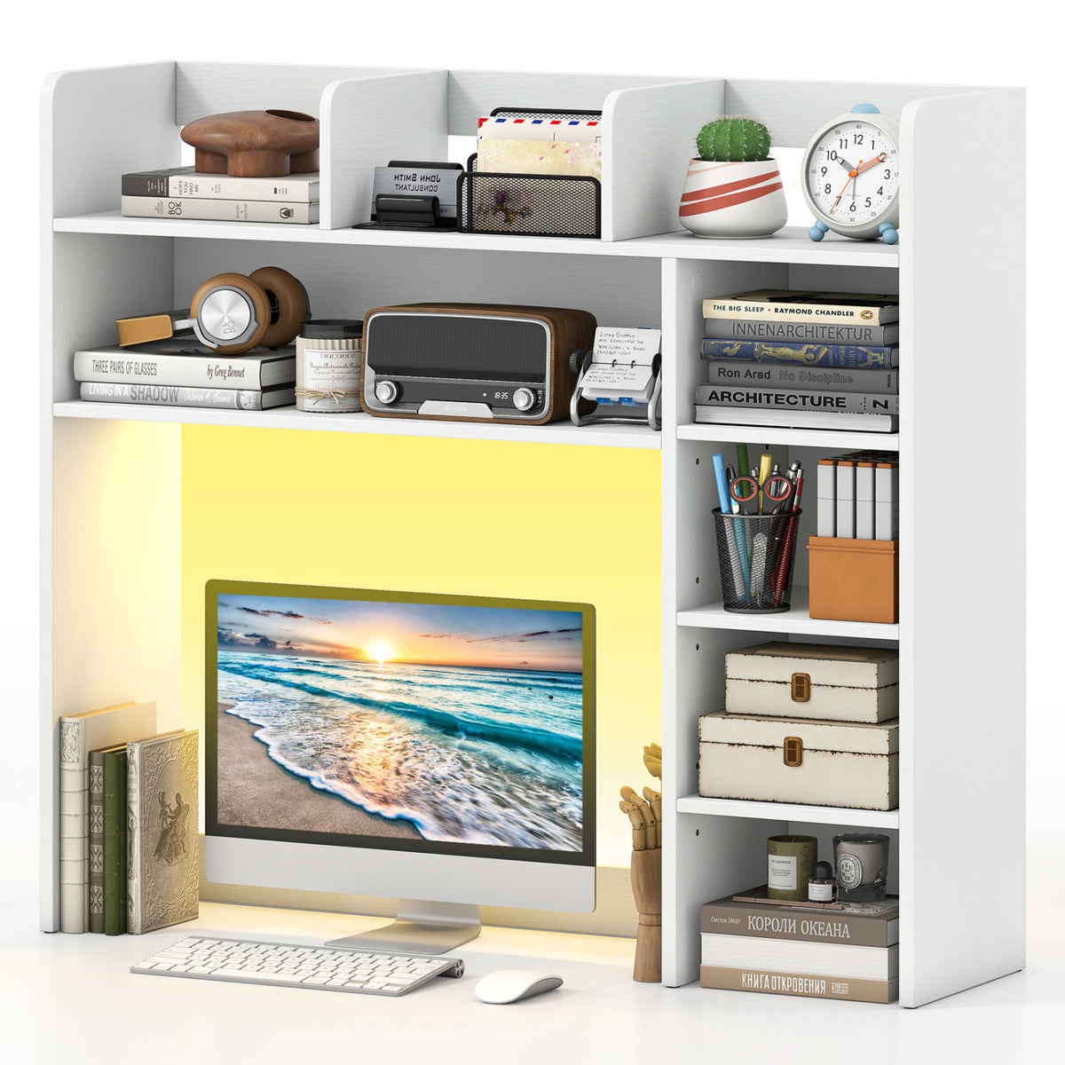 Desktop Bookshelf with LED Lights 35.5 inch Desk Hutch Storage Organizer