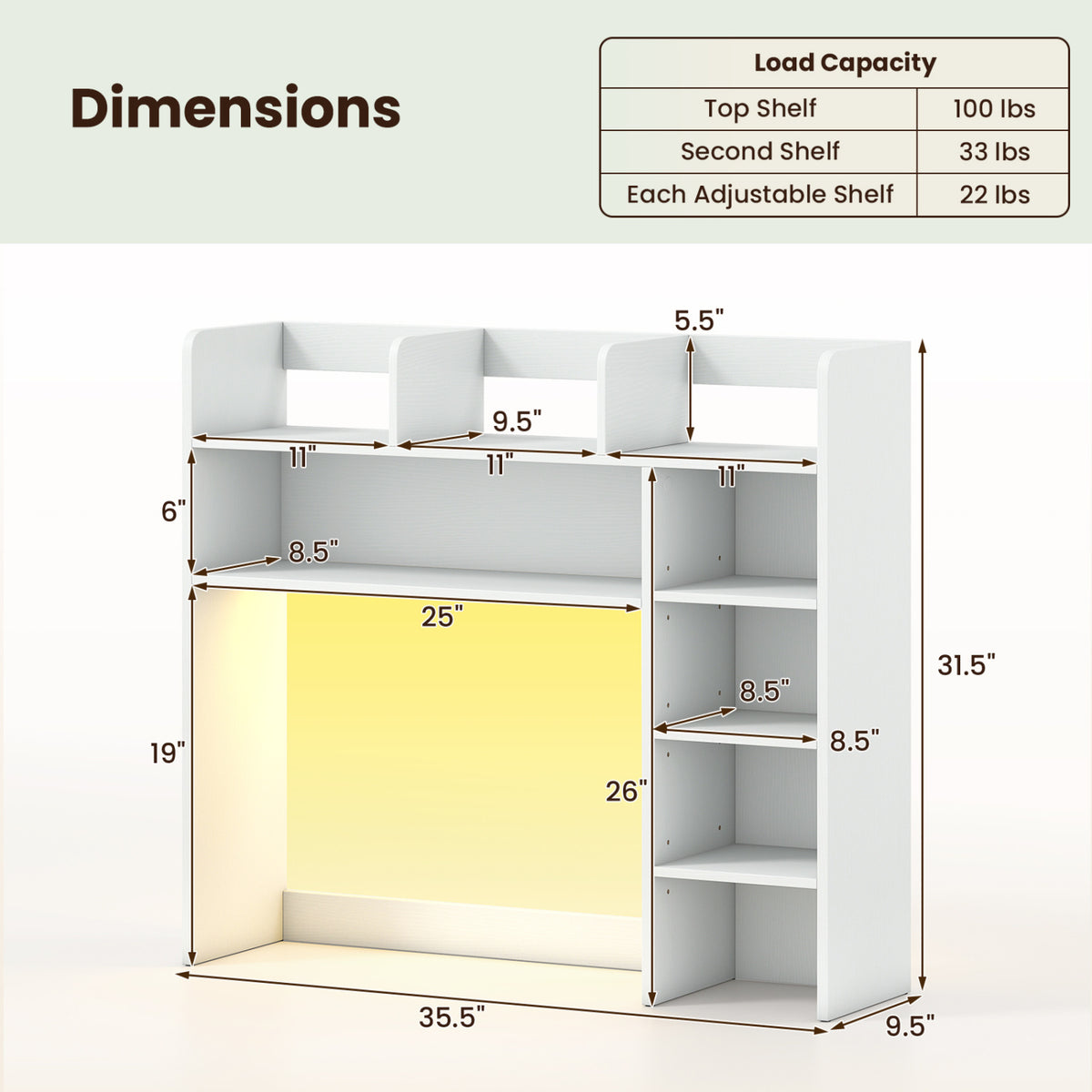 Desktop Bookshelf with LED Lights 35.5 inch Desk Hutch Storage Organizer