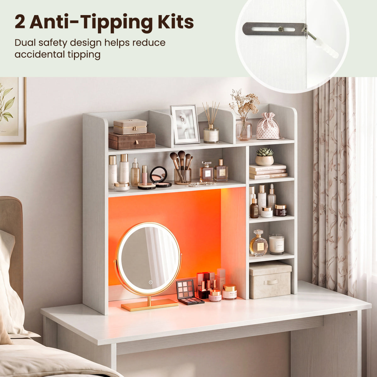 Desktop Bookshelf with LED Lights 35.5 inch Desk Hutch Storage Organizer