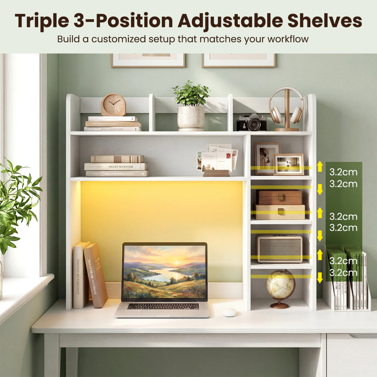 Desktop Bookshelf with LED Lights 35.5 inch Desk Hutch Storage Organizer