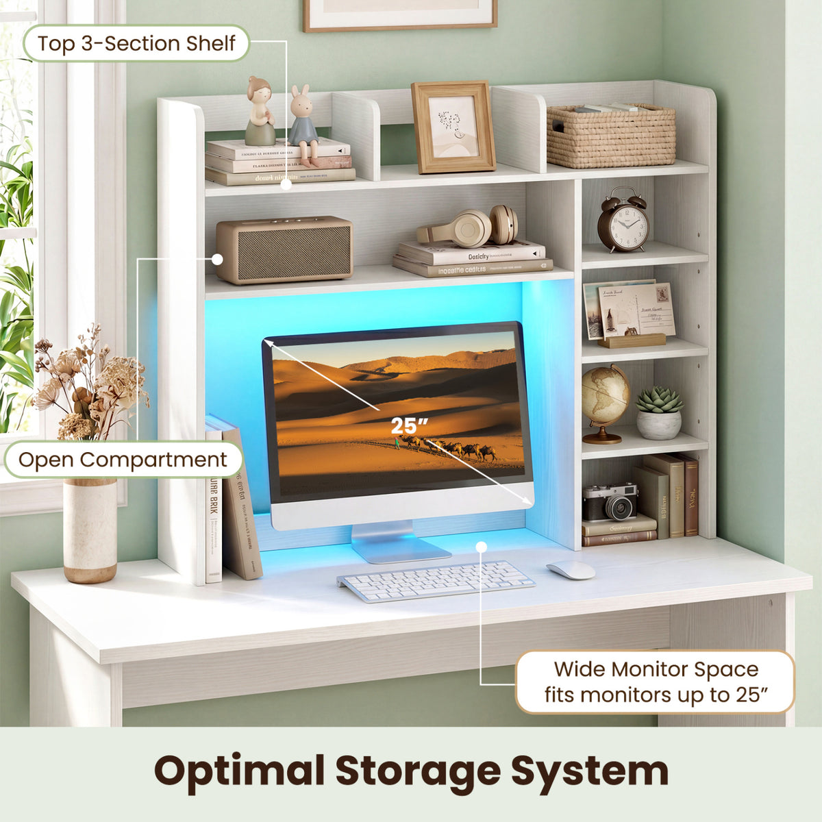 Desktop Bookshelf with LED Lights 35.5 inch Desk Hutch Storage Organizer