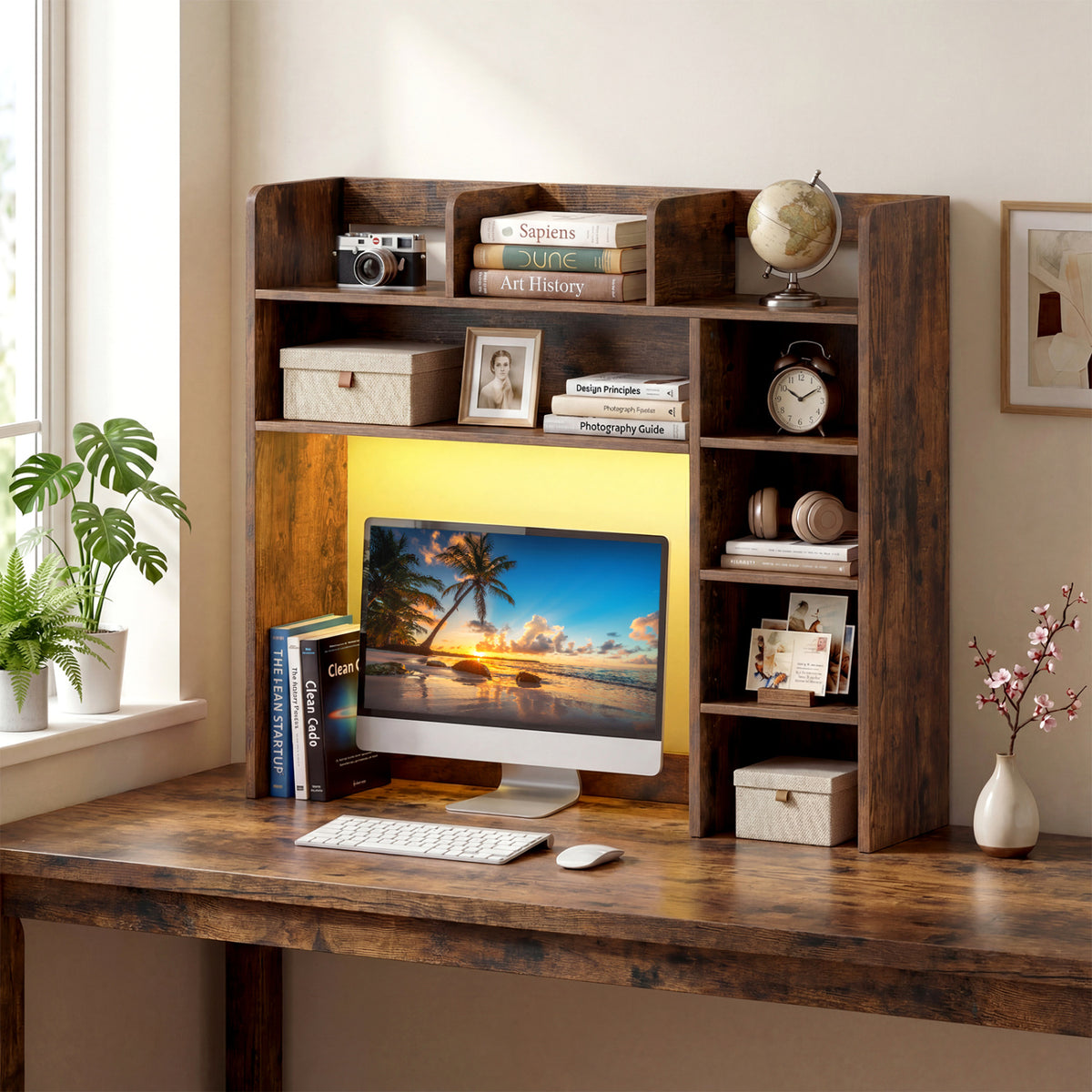 Desktop Bookshelf with LED Lights 35.5 inch Desk Hutch Storage Organizer