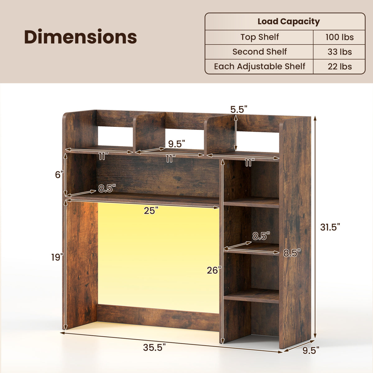 Desktop Bookshelf with LED Lights 35.5 inch Desk Hutch Storage Organizer