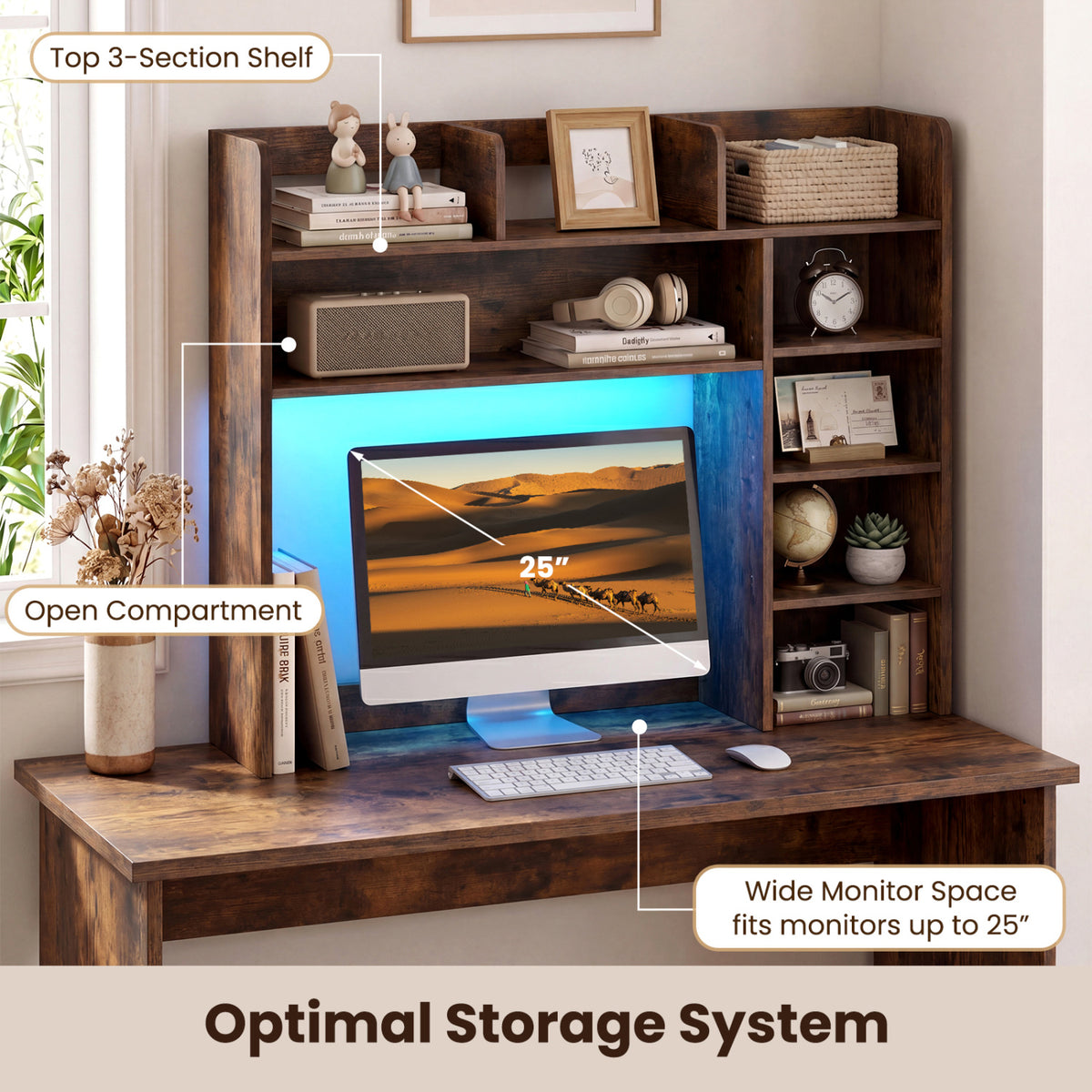 Desktop Bookshelf with LED Lights 35.5 inch Desk Hutch Storage Organizer