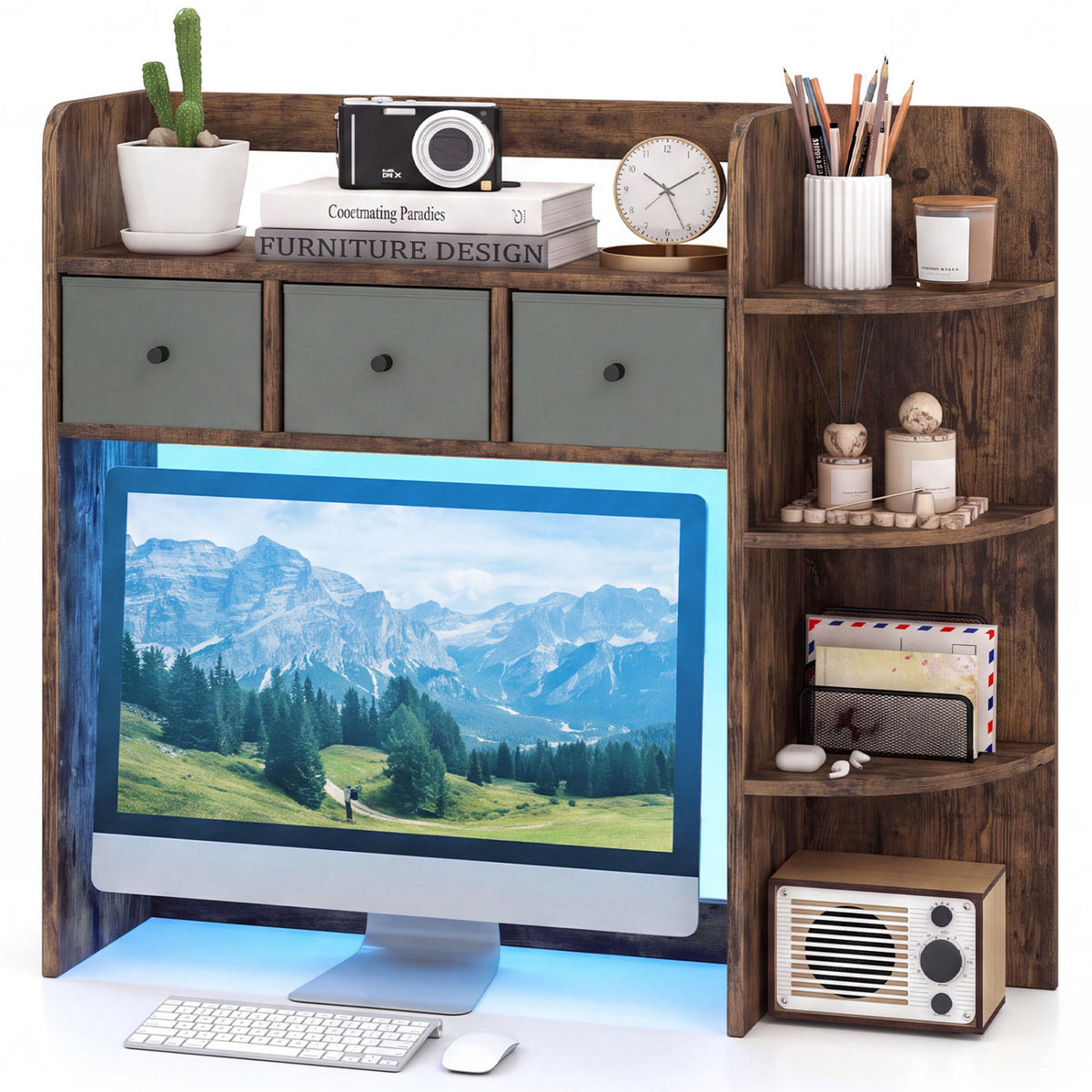 Desktop Bookshelf with LED Lights 5-Tier Shelves and 3 Drawers for Home Officce