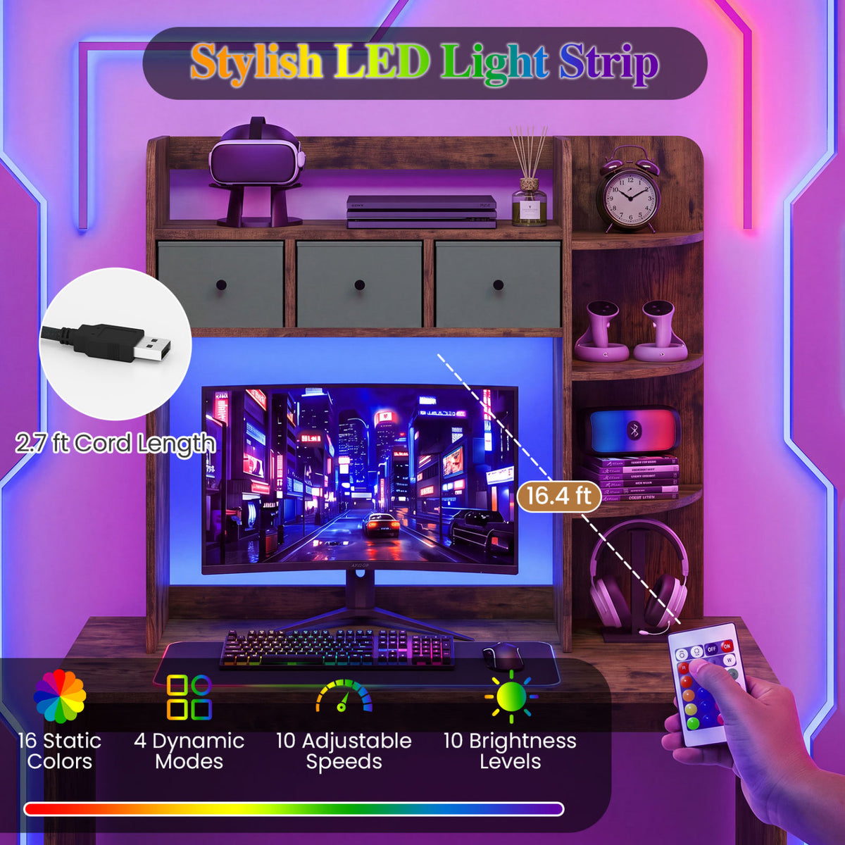 Desktop Bookshelf with LED Lights 5-Tier Shelves and 3 Drawers for Home Officce