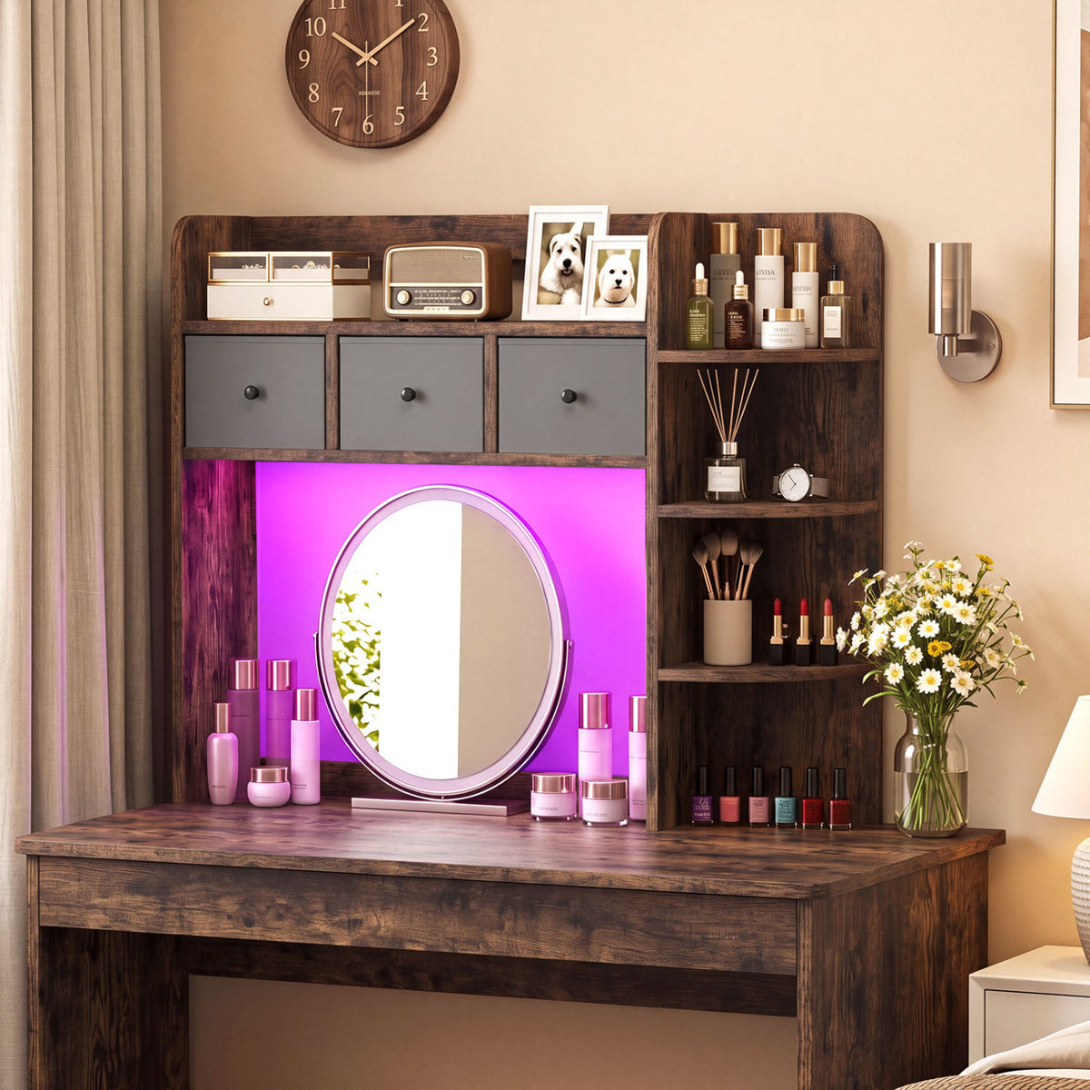 Desktop Bookshelf with LED Lights 5-Tier Shelves and 3 Drawers for Home Officce