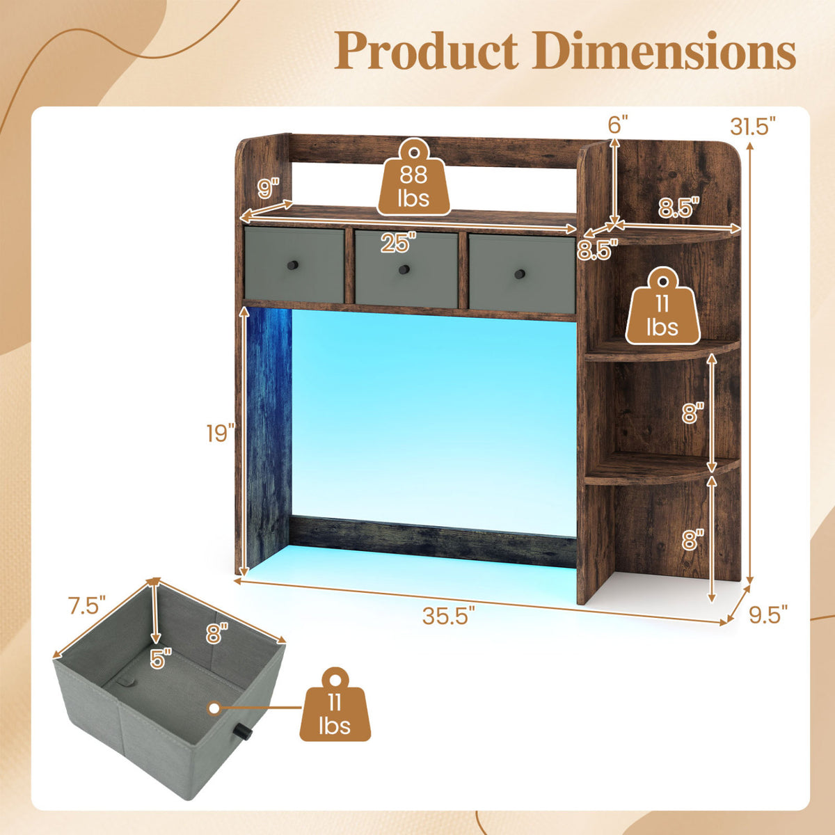 Desktop Bookshelf with LED Lights 5-Tier Shelves and 3 Drawers for Home Officce