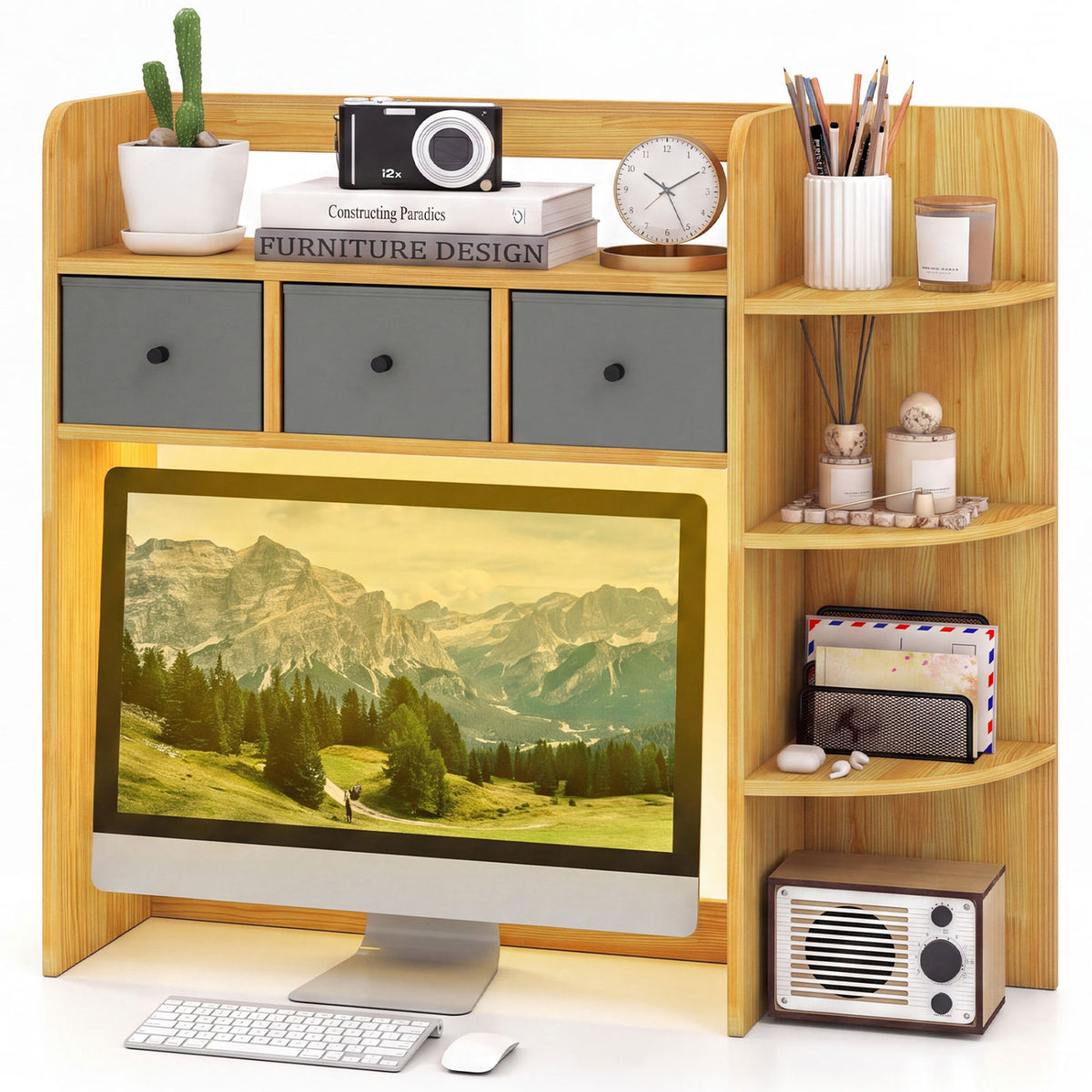 Desktop Bookshelf with LED Lights 5-Tier Shelves and 3 Drawers for Home Officce