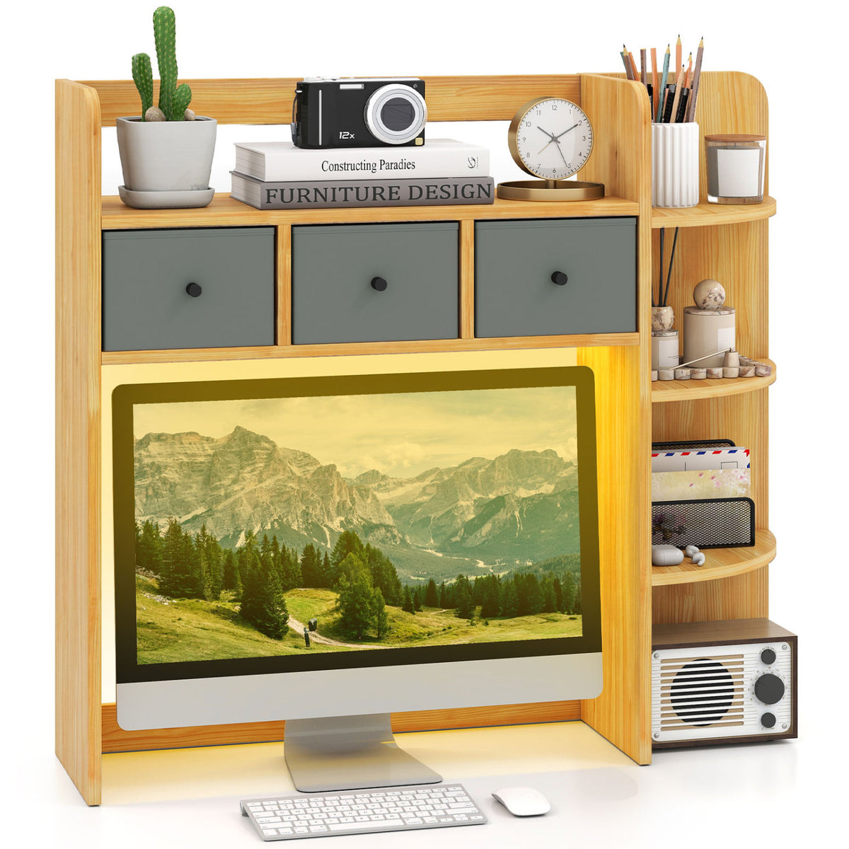 Desktop Bookshelf with LED Lights 5-Tier Shelves and 3 Drawers for Home Officce
