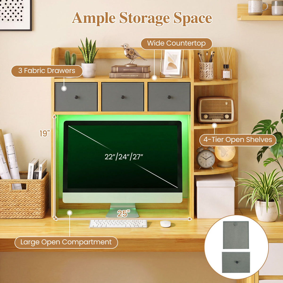 Desktop Bookshelf with LED Lights 5-Tier Shelves and 3 Drawers for Home Officce