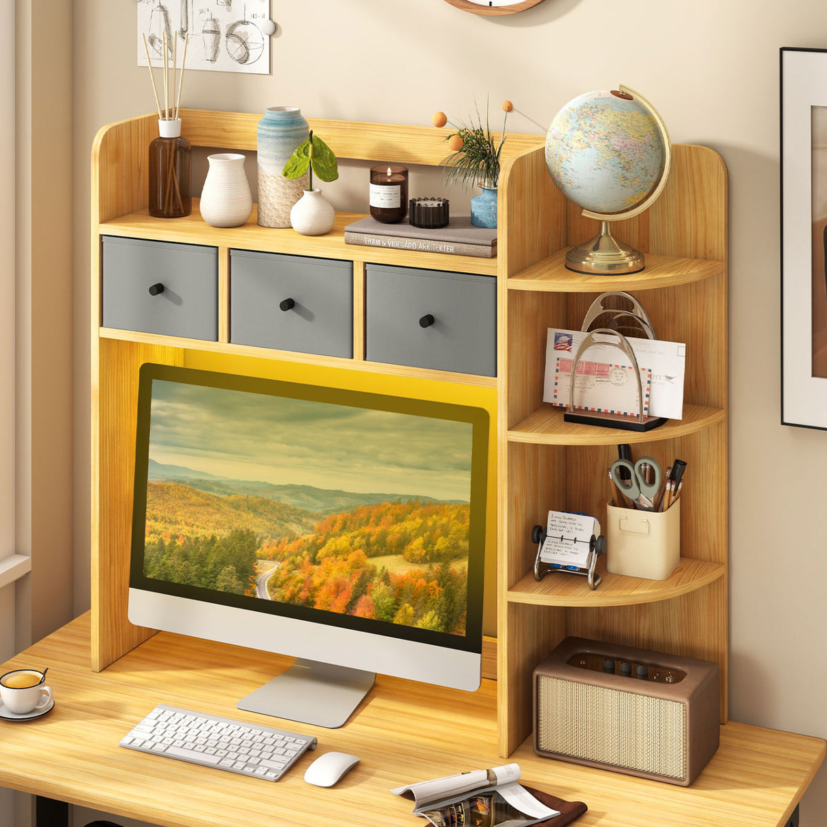 Desktop Bookshelf with LED Lights 5-Tier Shelves and 3 Drawers for Home Officce
