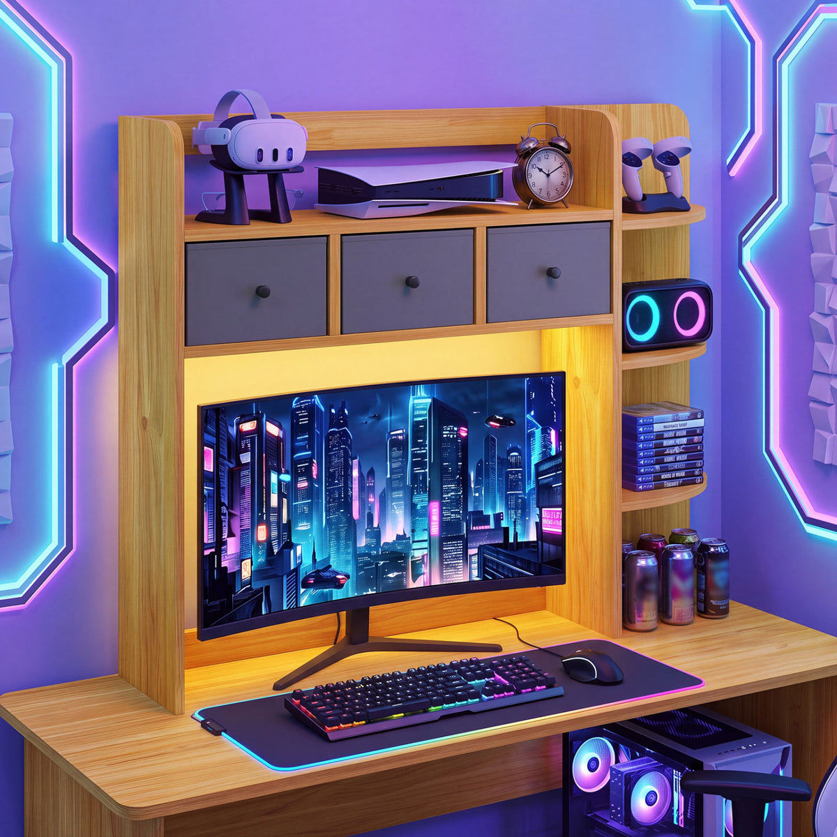 Desktop Bookshelf with LED Lights 5-Tier Shelves and 3 Drawers for Home Officce
