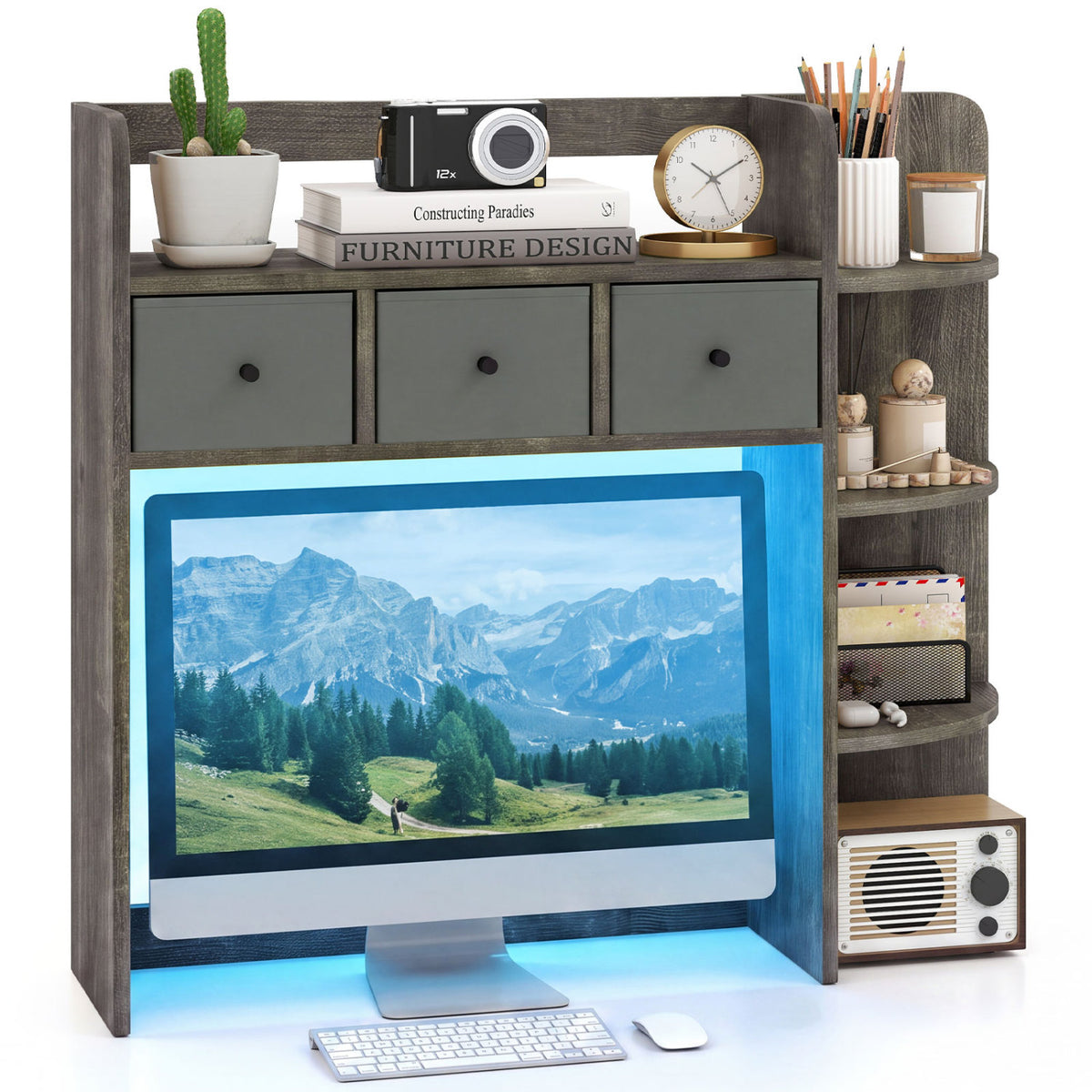 Desktop Bookshelf with LED Lights 5-Tier Shelves and 3 Drawers for Home Officce