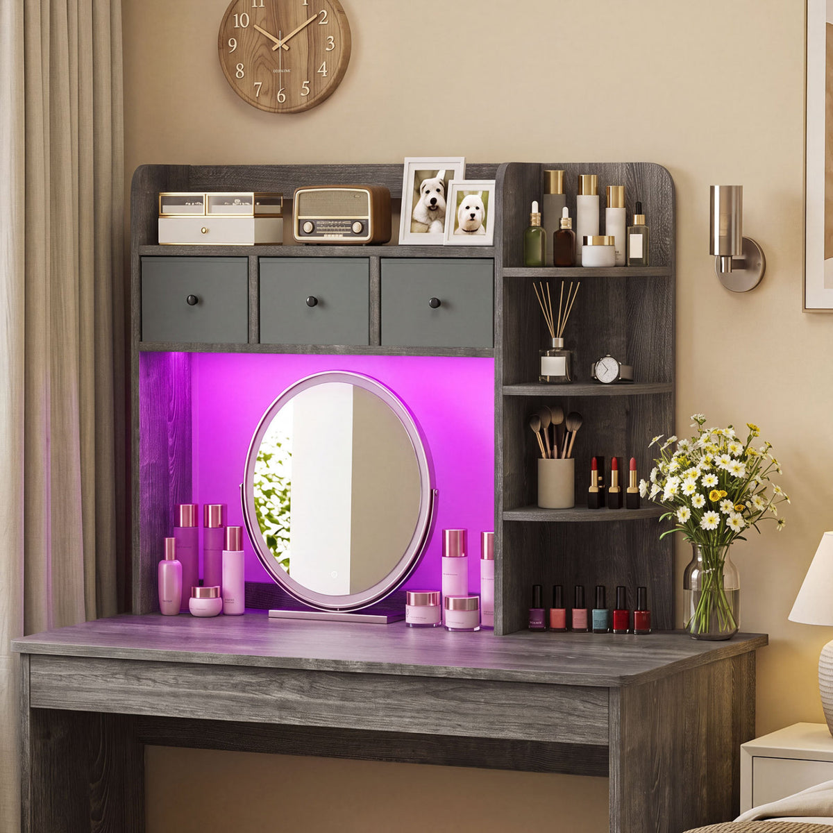 Desktop Bookshelf with LED Lights 5-Tier Shelves and 3 Drawers for Home Officce