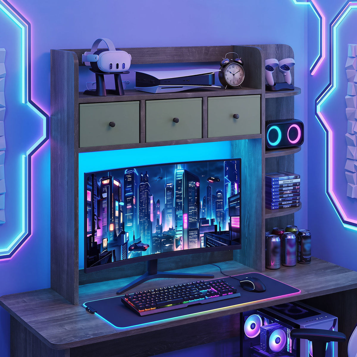 Desktop Bookshelf with LED Lights 5-Tier Shelves and 3 Drawers for Home Officce