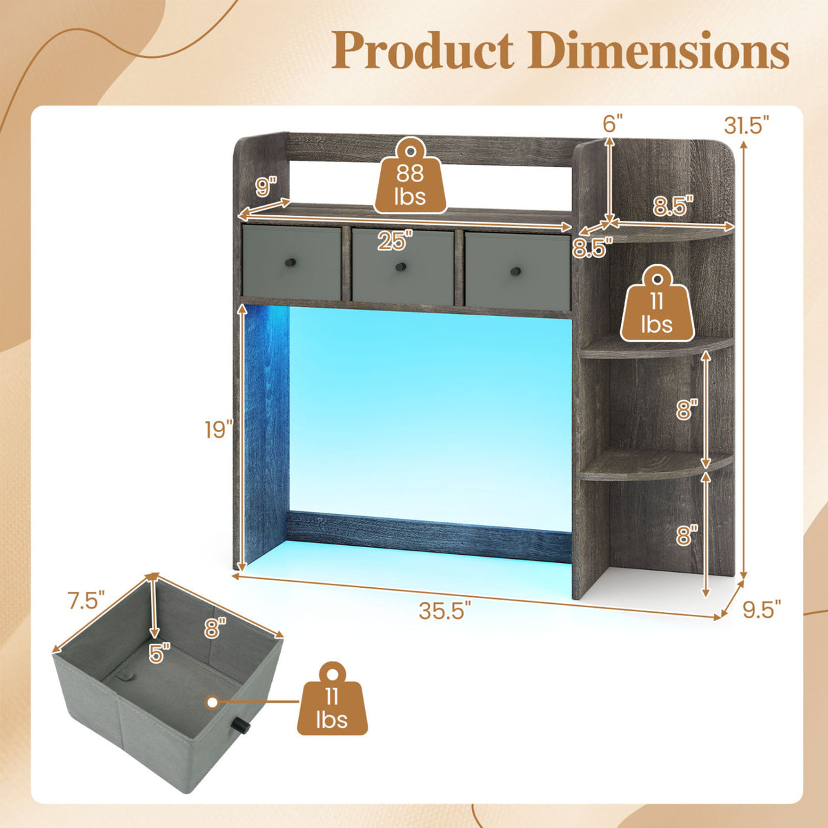 Desktop Bookshelf with LED Lights 5-Tier Shelves and 3 Drawers for Home Officce